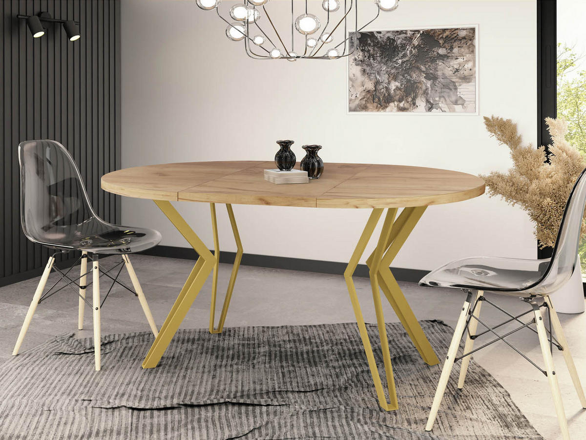 ESSTISCH Daisy runder ausziehbarer, Craft Eiche 120-200/100/76 cm - Eiche Wotan/Goldfarben, Holzwerkstoff/Metall (120/120/76cm) - WFL GROUP