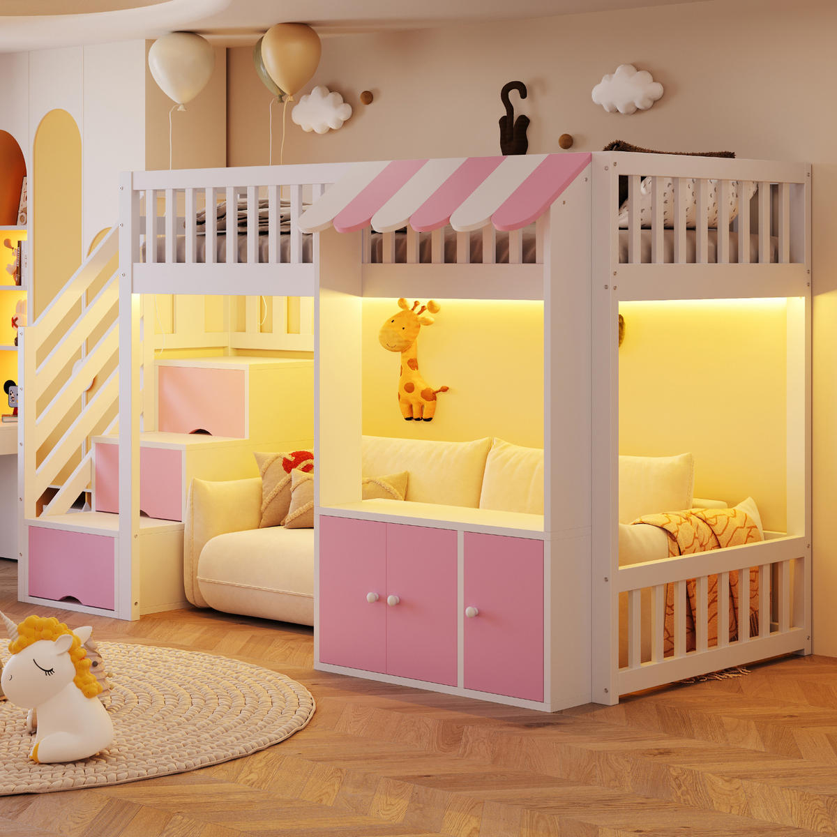 HOCHBETT 90/200 cm Pink/Weiß mit Stauraumtreppe und LED - Rosa, Holz (90/200cm) - MIVRAY
