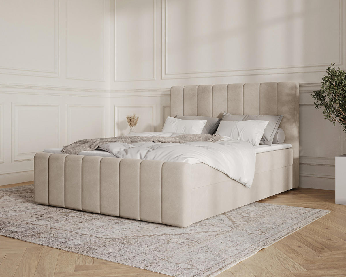 BOXBETT 01 BIS 180 x 200 cm - Manila - Modernes Polsterbett mit Bettkasten inkl. PU-Schaum-Topper und Federmechanismus - Beige, Holz (180/200cm) - ROYAL24_MARKT