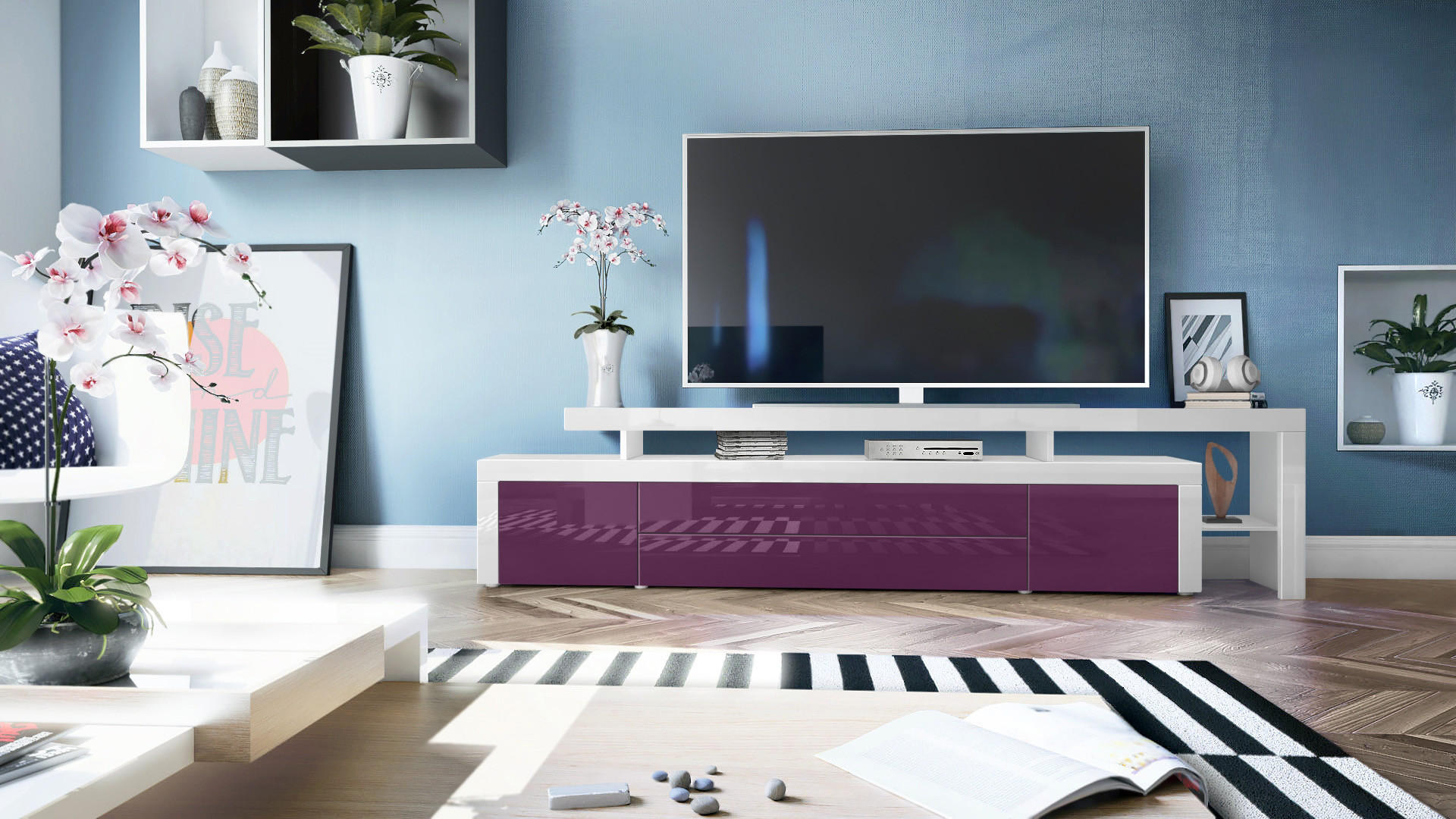 LOWBOARD Leon Brombeer Hochglanz / Weiß Hochglanz - Brombeere, Holzwerkstoff (227/52/35cm) - Vladon