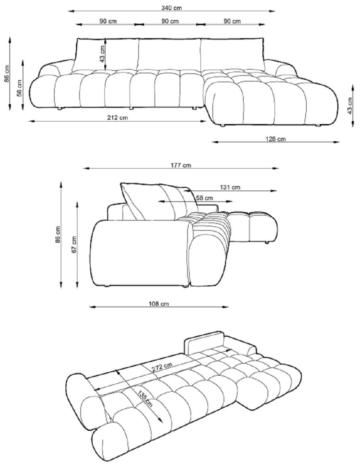 ECKSOFA 340 cm Valerio II, Schlaffunktion, Bettkasten, Links, Dunkelgrau - Dunkelgrau, Holz (340/177cm) - Emporius