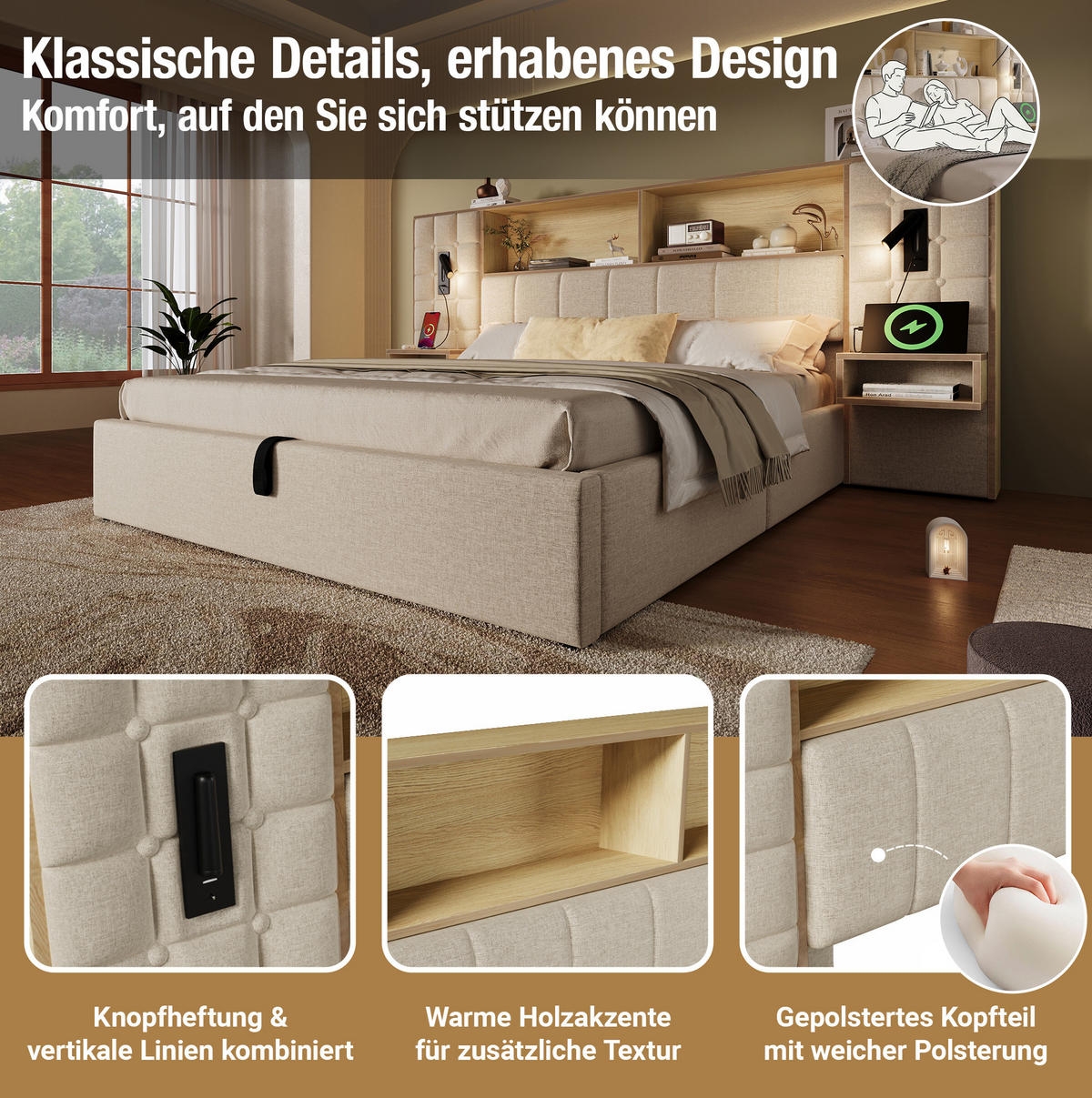 POLSTERBETT 180/200 cm aus Leinen mit Stauraum LED-Leselampen und Nachttischen Beige - Beige, Textil (180/200cm) - Modenvie
