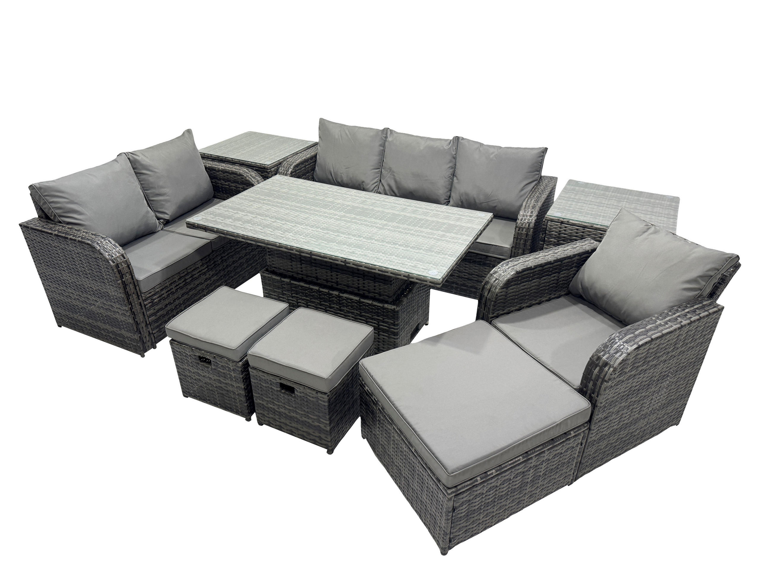GARTENMÖBEL SET mit Höhenverstellbarer Esstisch 9-Sitzer Grau - Dunkelgrau/Grau, Glas/Kunststoff - Fimous