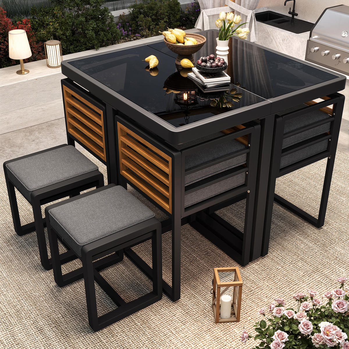 GARTENMÖBEL-SET Modernes 7-tlg. Schwarz - Grau, Metall - ComfortXL