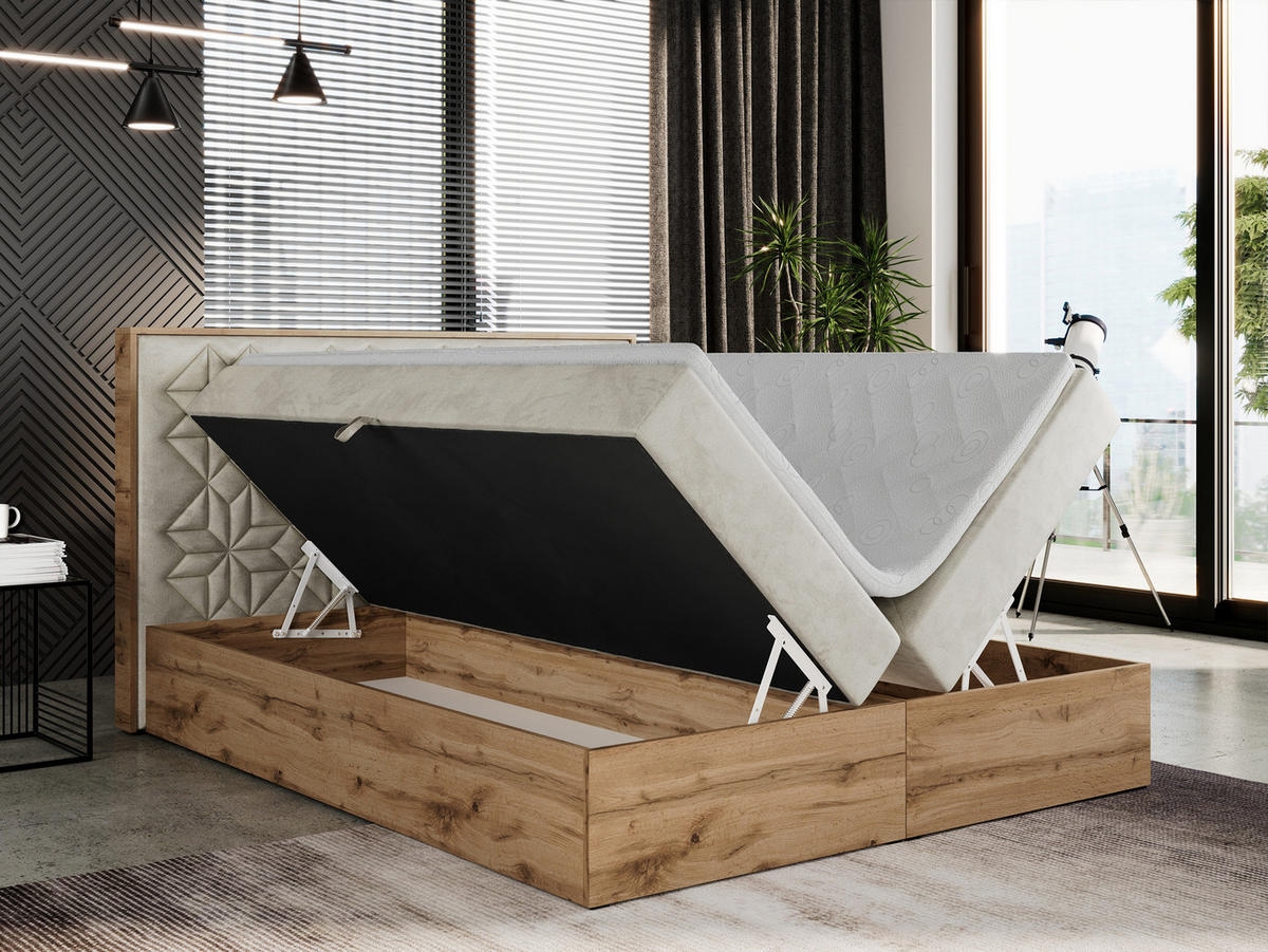 BOXBETT NESSI - 140/200 Beige Velvet - H3 - Beige, Holz/Textil (140/200cm) - MKS