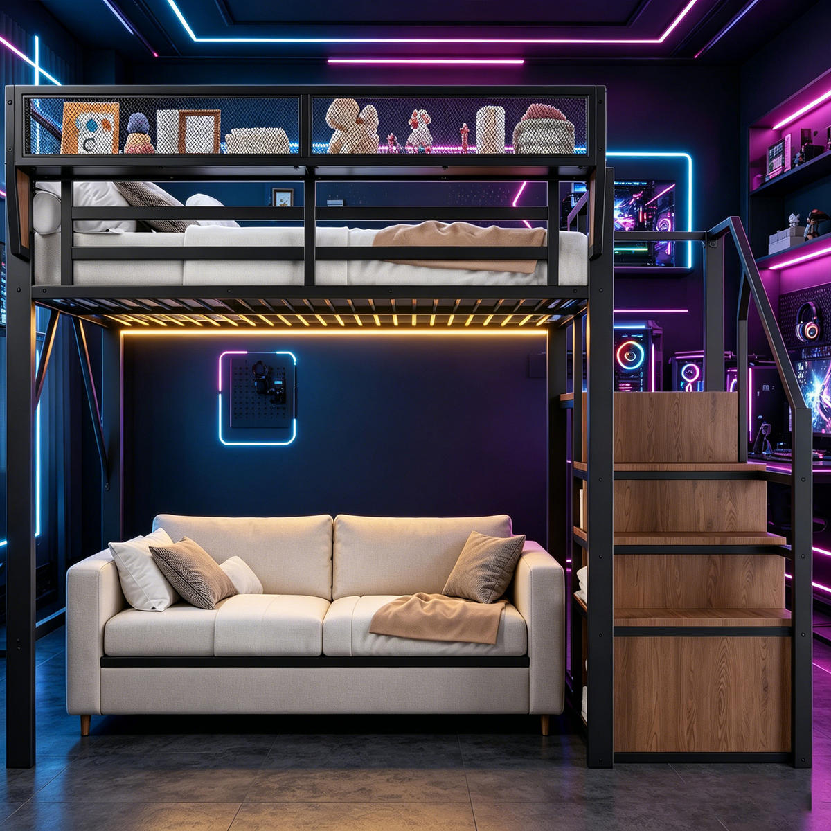 HOCHBETT mit LED-Lichtstreifen 140x200 cm Metall Schwarz - Schwarz, Metall (140/200cm) - Meubliv