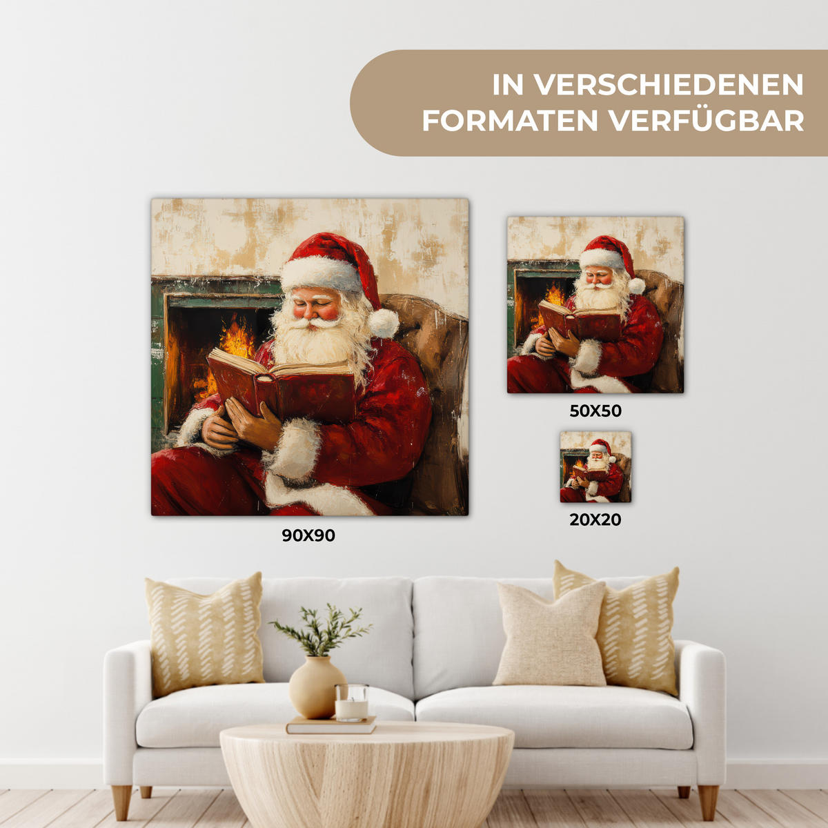 LEINWANDBILD Weihnachten - Weihnachtsmann - Winter - Open Fireside 50x50 cm - Dunkelrot, Textil (50/50cm) - MuchoWow
