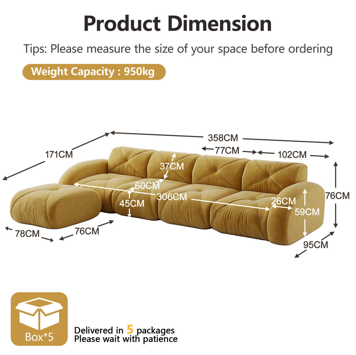 SOFA modulares Ecksofa Chenille Yellow - Gelb, Kunststoff (171/358cm) - Meubliv