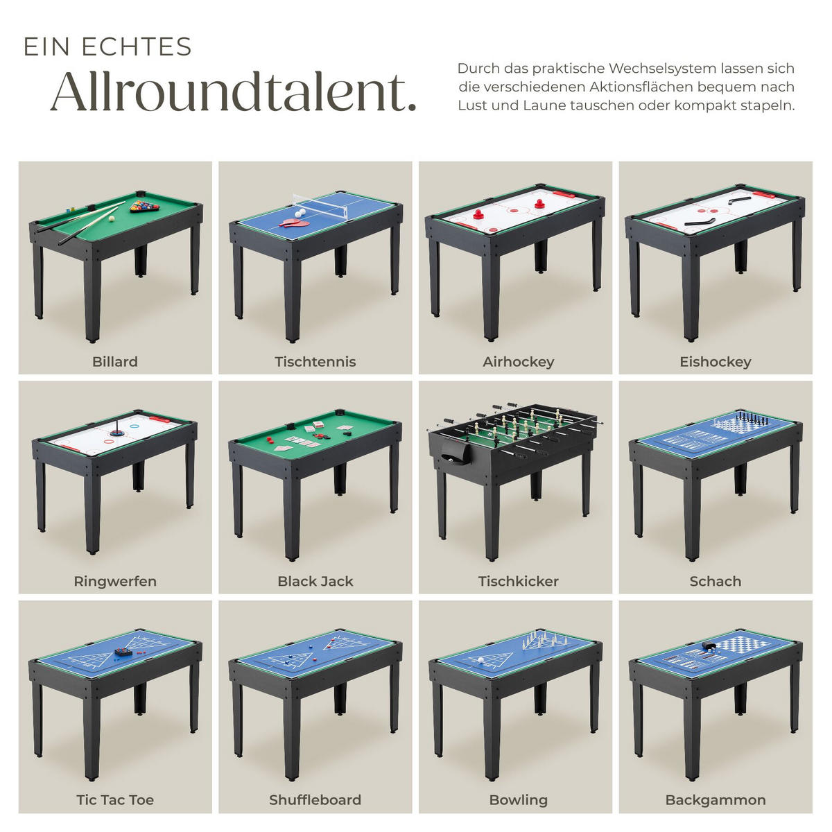MULTIFUNKTIONALER SPIELTISCH Sirgamealot, 125 x 123 x 83 cm, schwarz/grün - Schwarz/Grün, Holz (125/123cm) - tectake