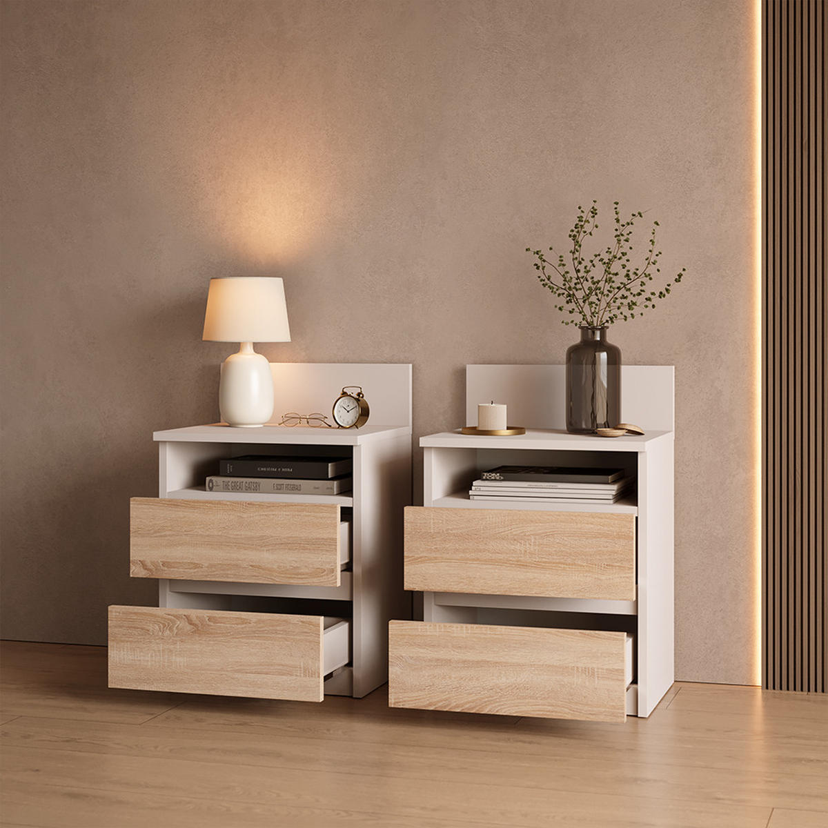 NACHTTISCH Roya, Weiß/Sonoma, 39.6 x 59.1 cm mit 2 Schubladen - Weiß/Sonoma Eiche, Holzwerkstoff (39.6/59.1/32.3cm) - Livinity®