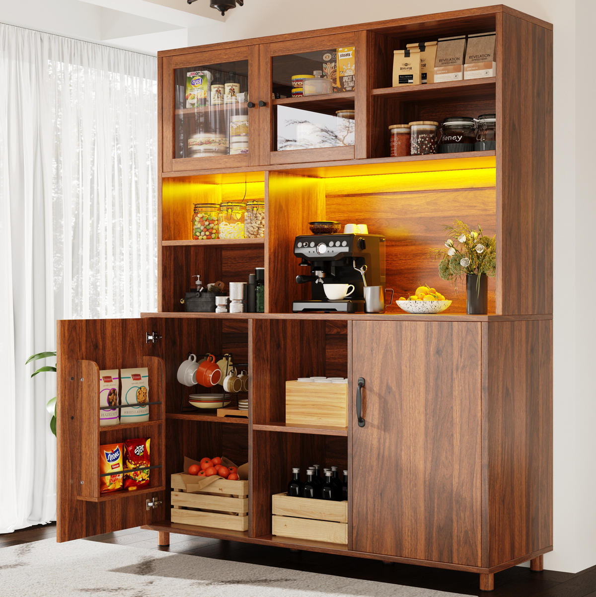BUFFET aus MDF und Glas 140x40x185 cm Walnussbraun mit LED-Beleuchtung, USB-Anschluss und Schiebetüren - Braun, Glas (140/185/40cm) - Modfu