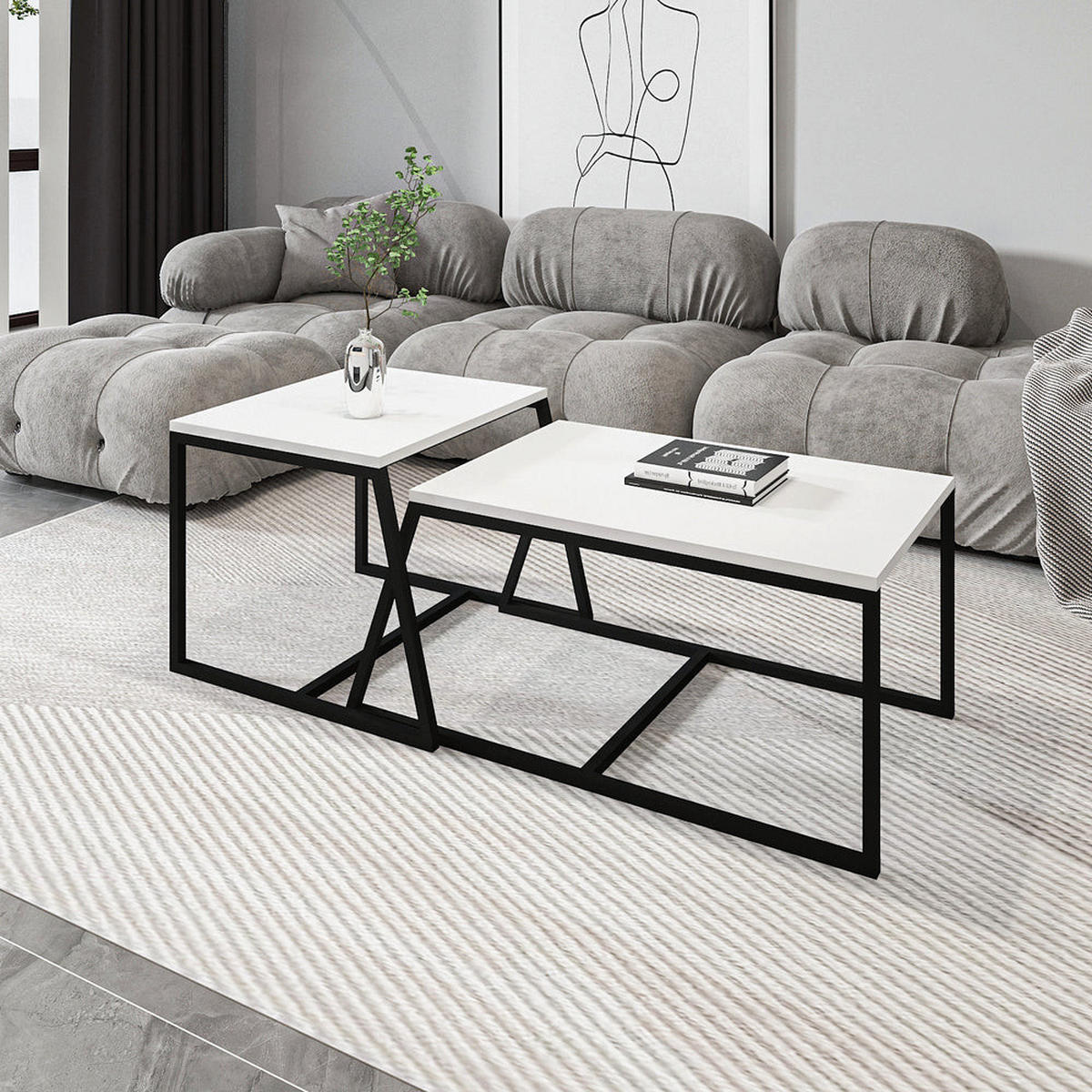 COUCHTISCH 2er Set Between Weiß mit Metall Füße - Schwarz/Weiß, Holzwerkstoff/Metall (50/88/38cm) - moebel17