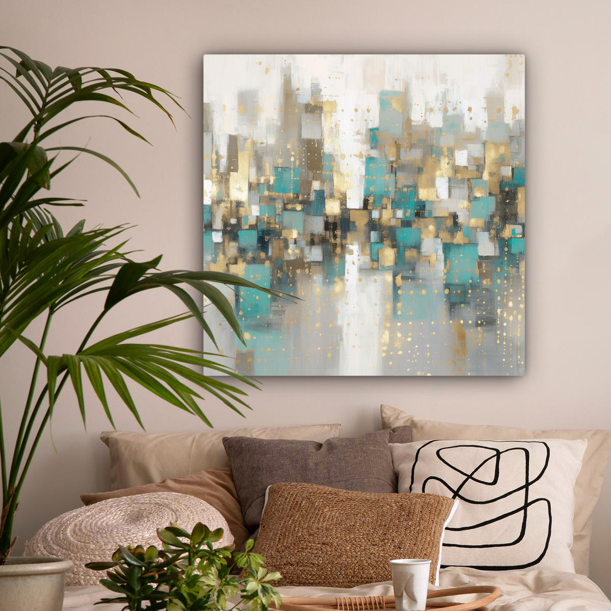 LEINWANDBILD Abstrakt - Blöcke - Gold - Skyline Deko Groß 90x90 cm - Beige, Textil (90/90cm) - MuchoWow