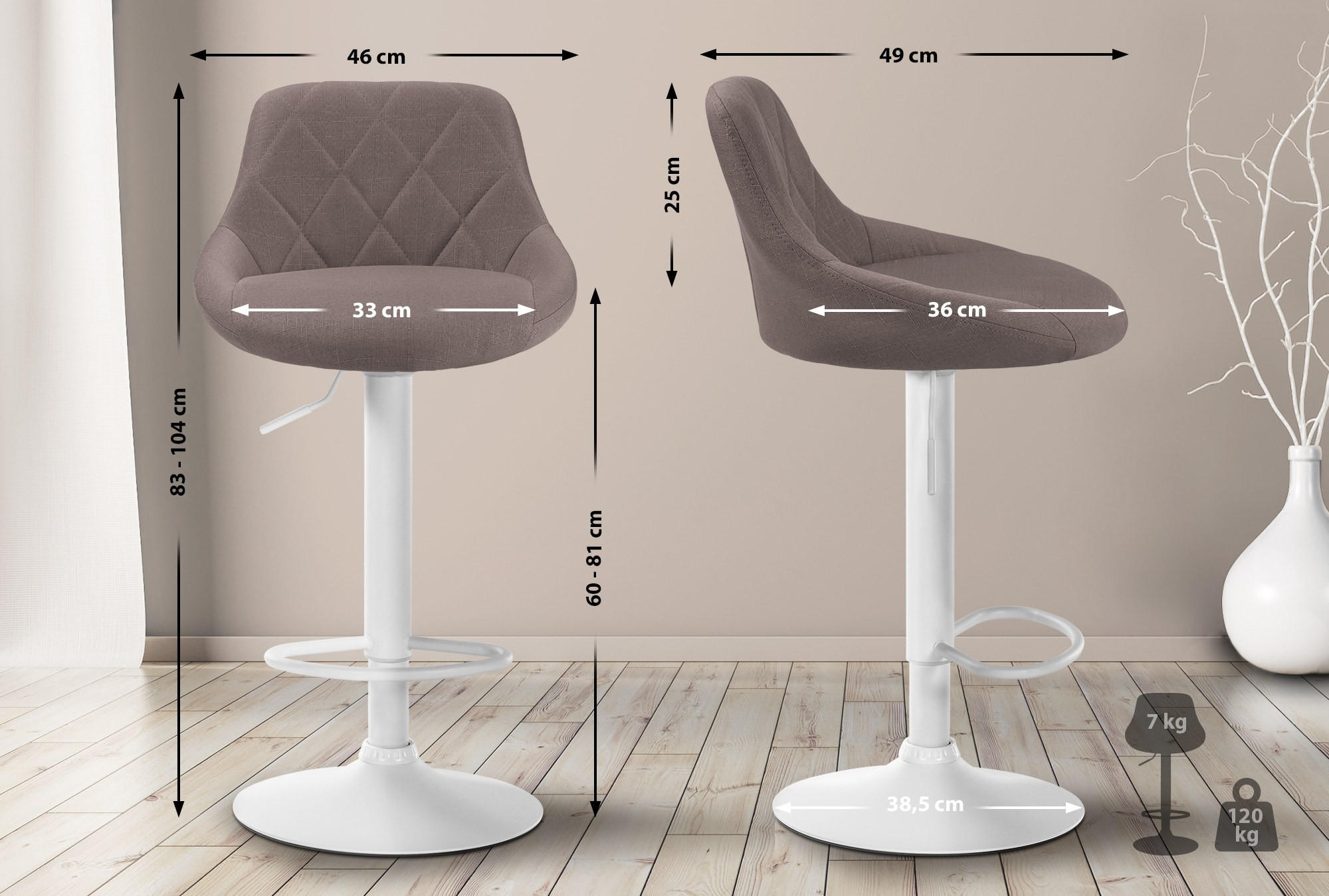 BARHOCKER Stoff Taupe - Taupe/Weiß, Textil/Metall (46/83/49cm) - CLP