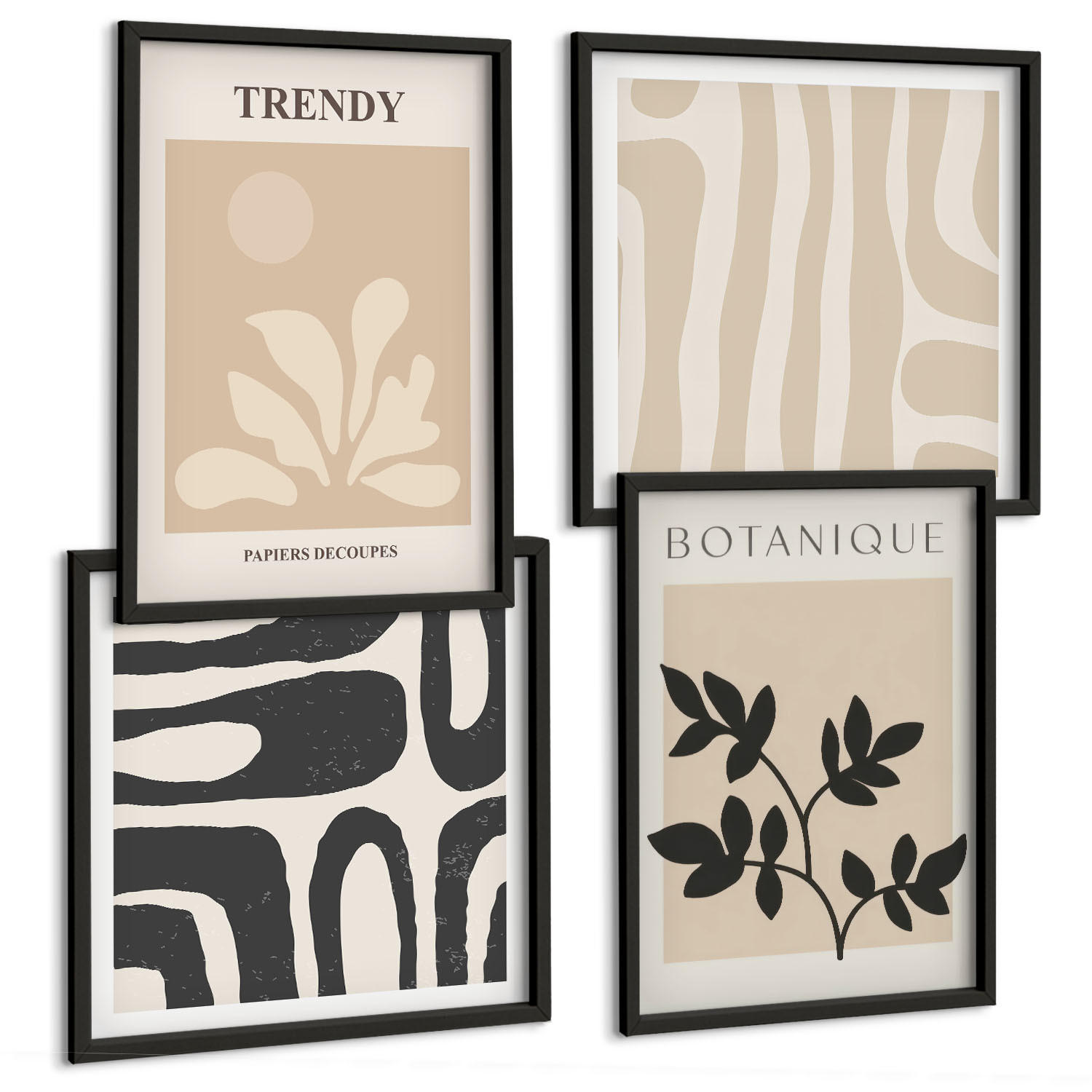 BILDER SET 4er Set - 50x50 cm & 40x60 cm Schwarzer Rahmen - Stilvolle Pflanzenmuster in Beige und Schwarz - Schwarz, Kunststoff (50/50cm) - TULUP