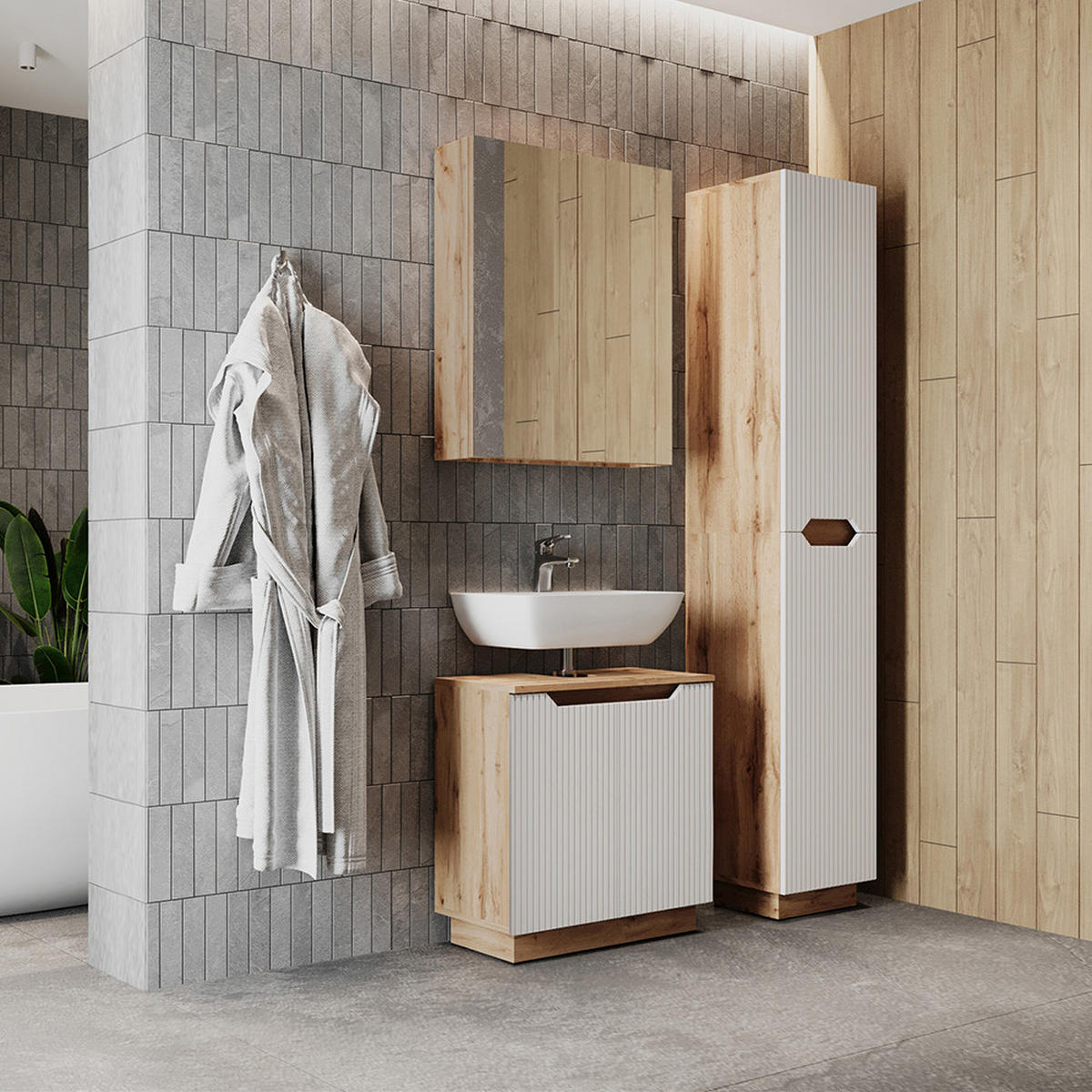 BADMÖBEL-SET Lotta Eiche/weiß gestreift 3 Teile - Eichefarben/Weiß, Holzwerkstoff (59.8/62.1/32cm) - Vicco