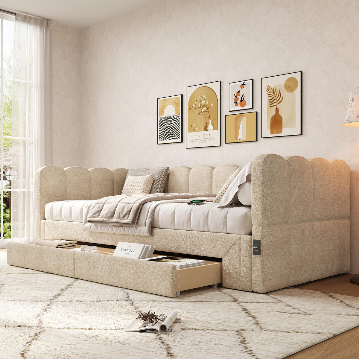 POLSTERBETT 90/200 cm beige aus Chenille mit Ausziehfunktion und USB-Anschluss - Beige, Textil (90/200cm) - OKWISH