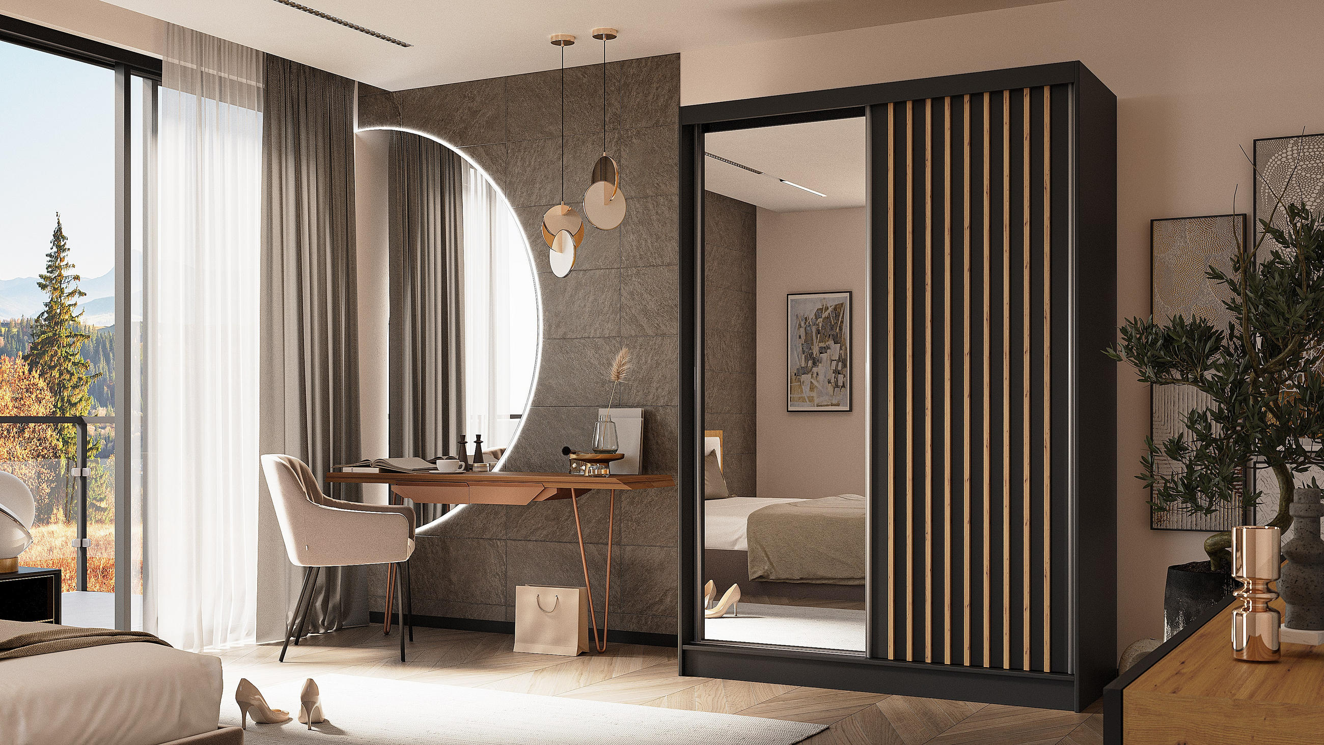 KLEIDERSCHRANK mit Spiegel-Schiebetüren und Aluminium-Leisten - LAMELO - 150 cm Schwarz+Schwarz+ Artisan - Schwarz/Eiche Artisan, Holzwerkstoff (150/216/61cm) - ALTDECOR