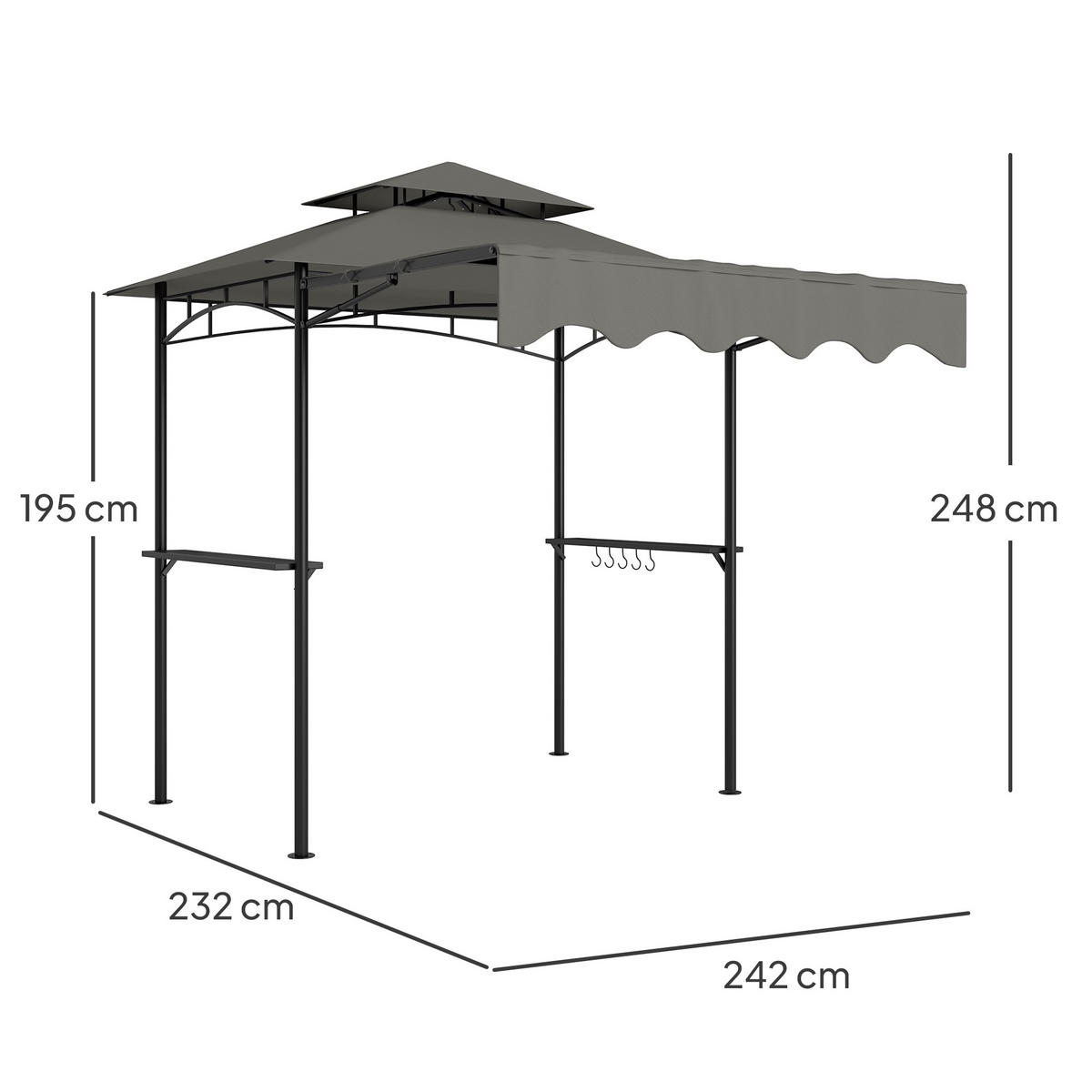GRILLPAVILLON 242x232x248 cm wasserabweisend flammhemmend Gartenpavillon mit Doppelschichtdach Grau - Grau, Metall (242/248/232cm)