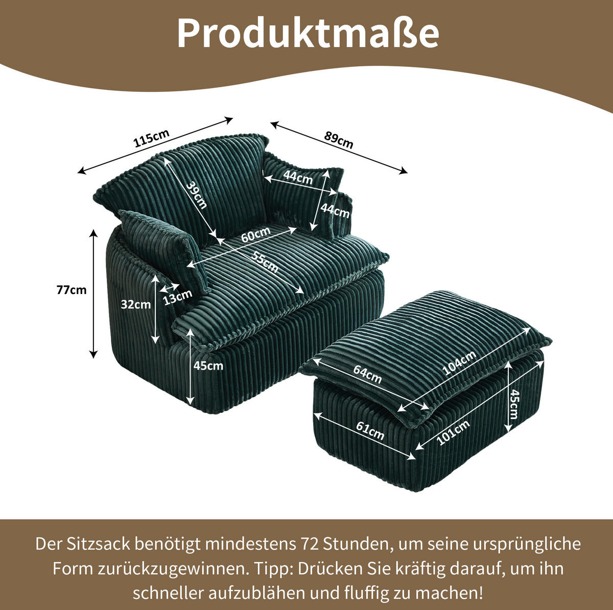 SESSEL mit Hocker 115 x 89 x 77 cm Grün 2-tlg. - Grün, Kunststoff (89/77/115cm) - Meubliv