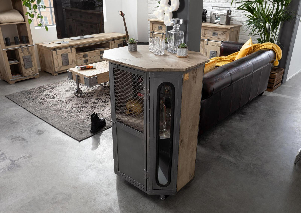 VITRINE Mango 76x60x120 whitewash lackiert RAILWAY #330 - Beige, Holz (76/120/60cm) - Massivmoebel24