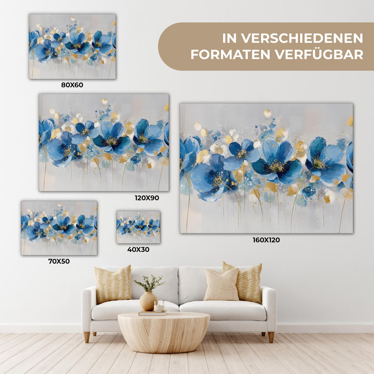 LEINWANDBILD Blumen - Blau - Abstrakt Wandbilder 80x60 cm - Hellgrau, Textil (80/60cm) - MuchoWow