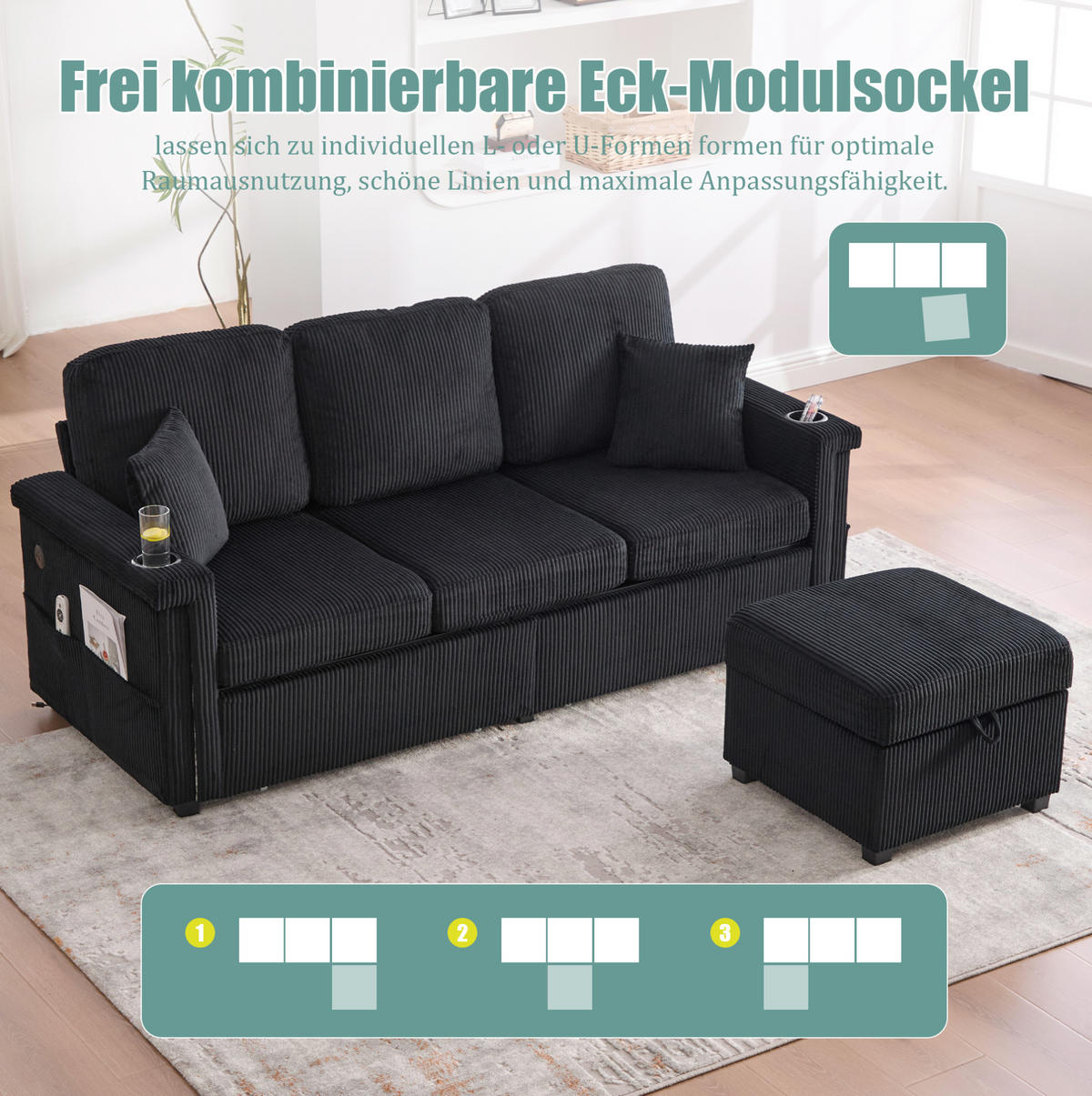 ECKSOFA Corduroy mit LED und USB-Anschluss Stauraum-Schubladen 194/73/81 cm Schwarz - Schwarz, Textil (73/194cm) - Redom