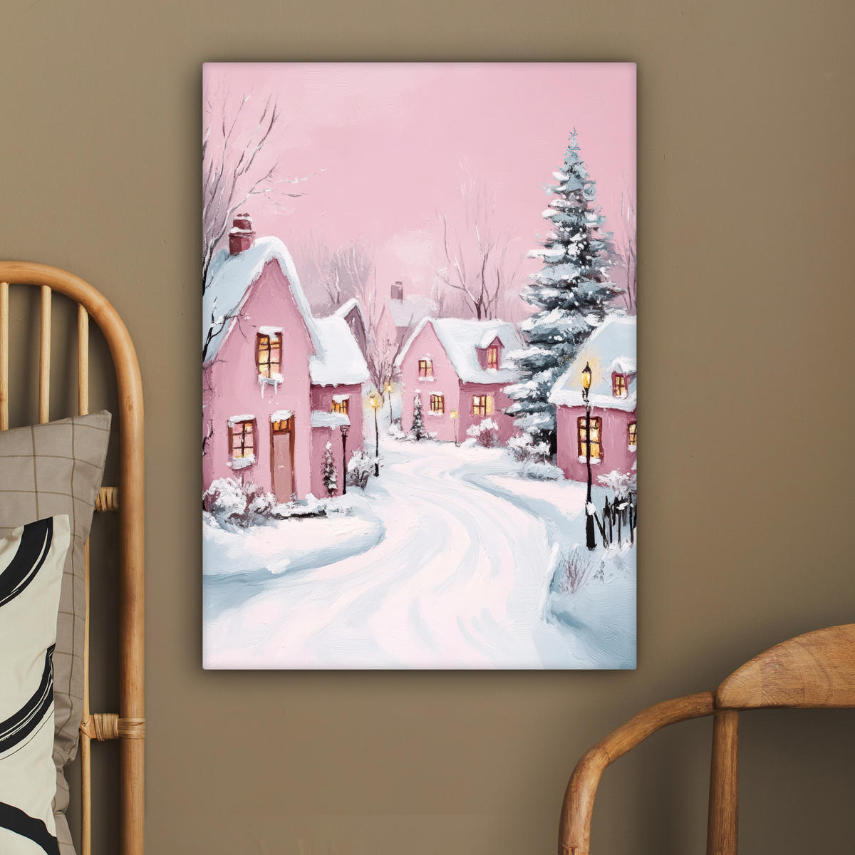LEINWANDBILD Weihnachtsdorf - Rosa - Winter - Schnee - Häuser 60x80 cm - Altrosa, Textil (60/80cm) - MuchoWow