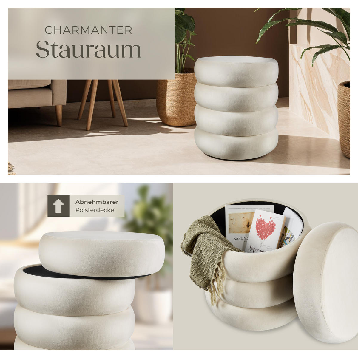 SITZHOCKER mit Stauraum Altu,42 x 42 x 47 cm,Samtoptik creme-weiß - Weiß/Samtahornfarben, Holz (42/47/42cm) - tectake