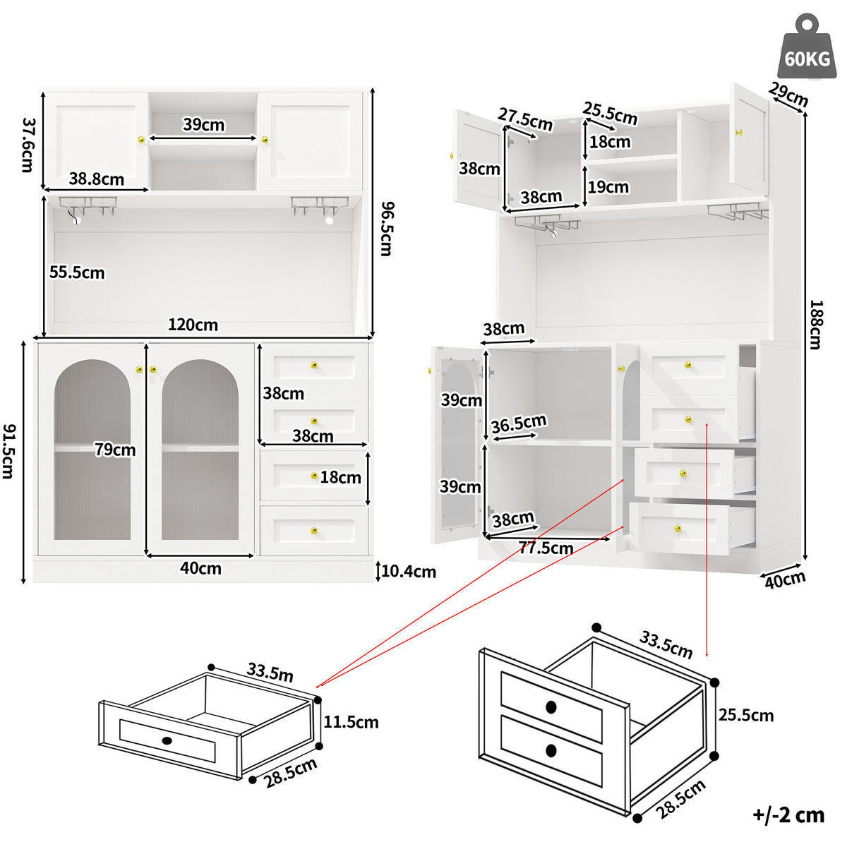 BUFFETSCHRANK 120/40/188 cm aus MDF mit LED-Lichtleiste, Fluted-Glas und viel Stauraum, Weiß - Weiß, Holzwerkstoff (120/188/40cm) - Redom