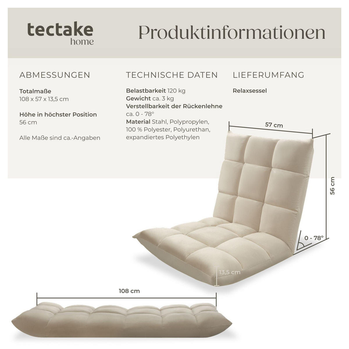 RELAXSESSEL Snooze ,108 x 57 x 13,5 cm,beige - Beige, Textil (57/13.5/108cm) - tectake