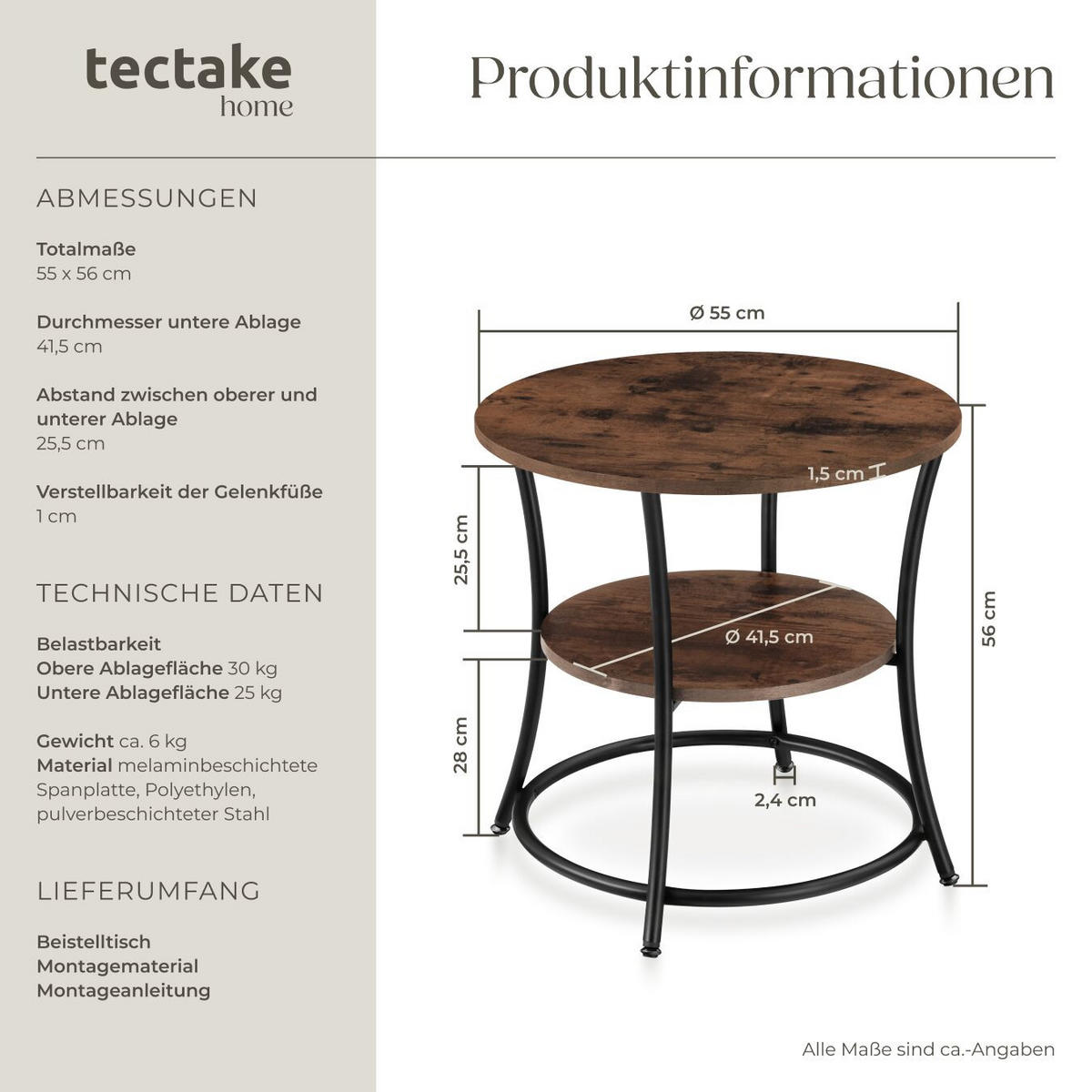BEISTELLTISCH Saint Louis,55 x 56 cm,Industrial Holz dunkel, rustikal - Rostfarben, Holzwerkstoff (55/55/56cm) - tectake