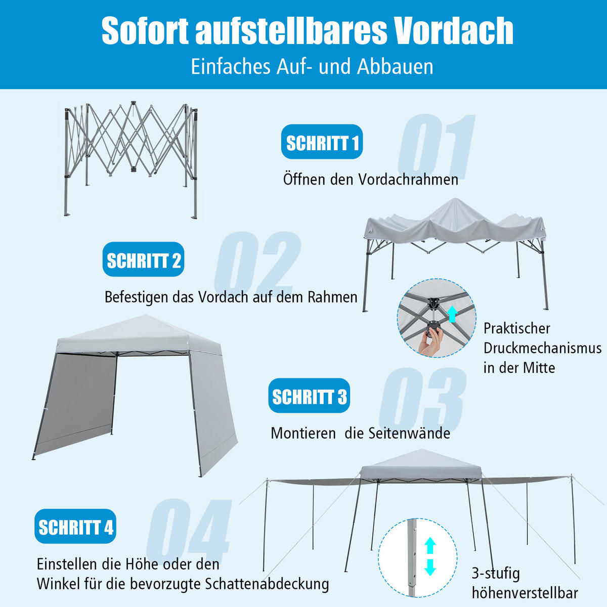 PAVILÓN 255 cm sivý - sivá, plast (599/255/300cm) - COSTWAY