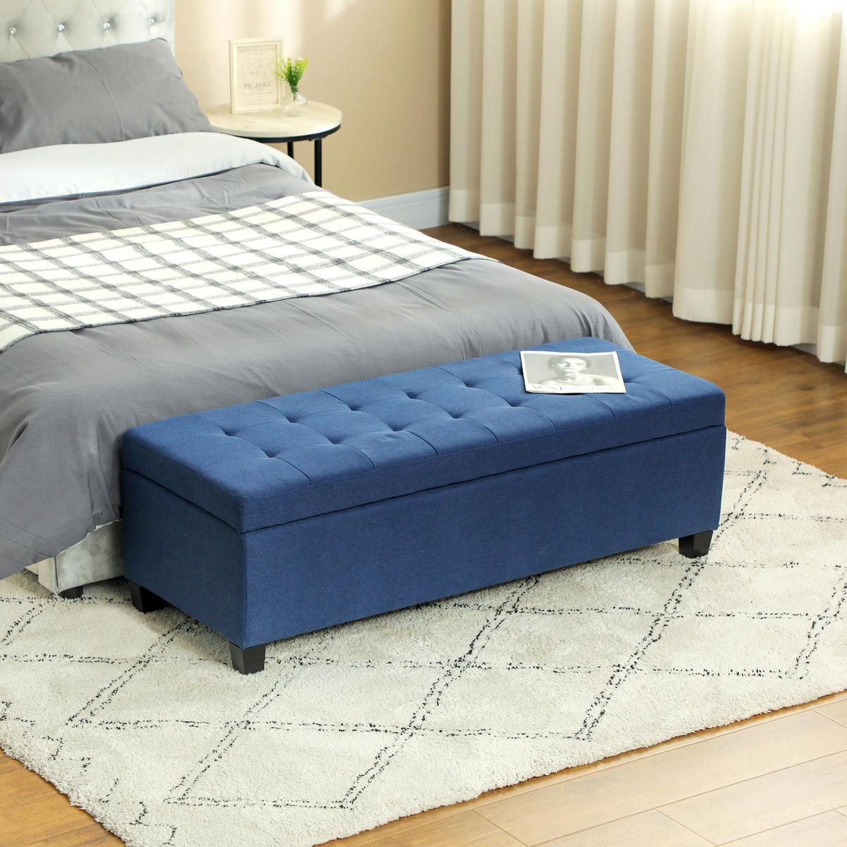 SITZBANK, Polsterbank mit Stauraum, Bettbank mit Deckel, Leinenoptik, Blau - Blau/Schwarz, Textil (49/41.5/125cm) - HOMCOM
