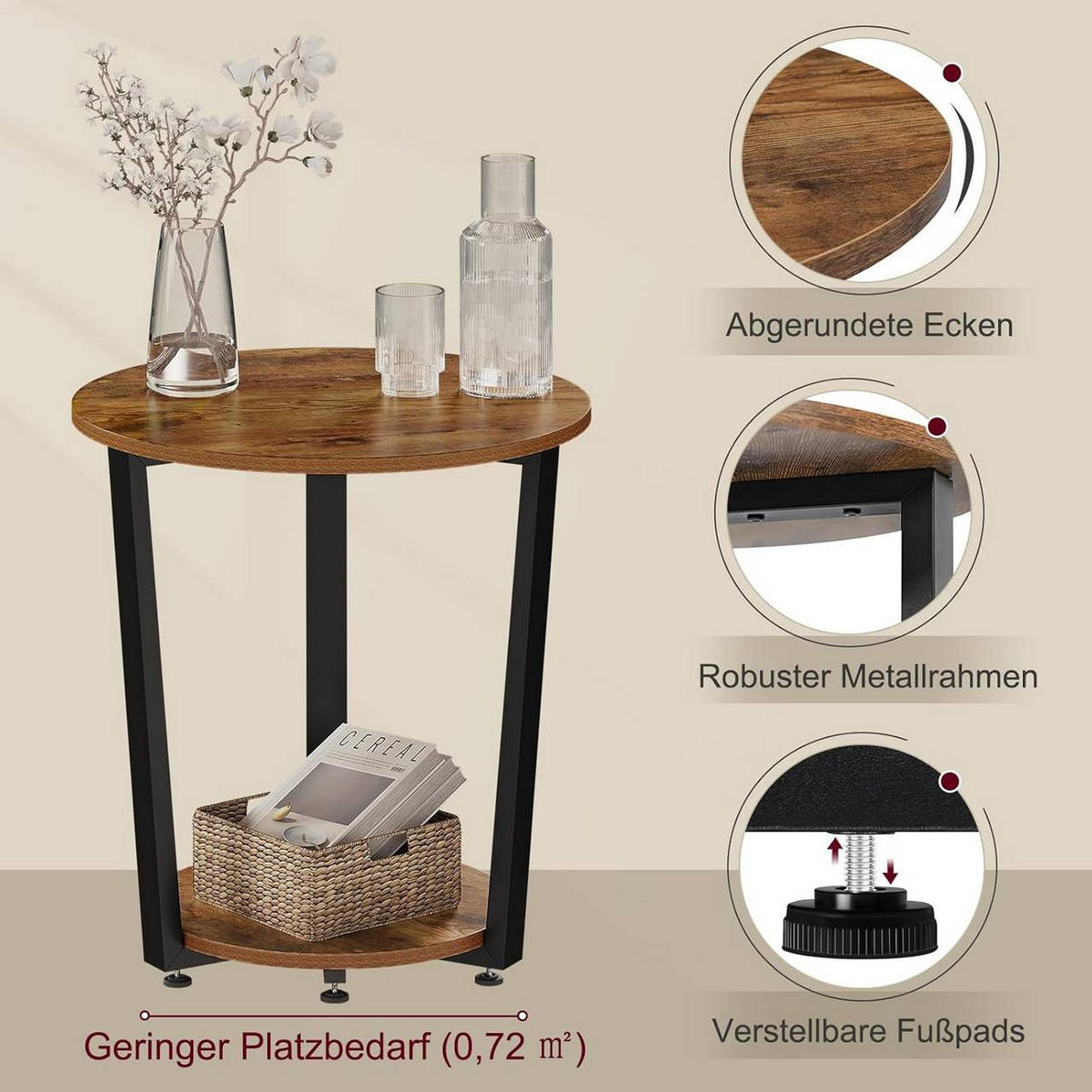 COUCHTISCH rund, mit 2 Ablagen, Vintage-Braun - Dunkelbraun, Holzwerkstoff/Metall (50/50/53cm) - Woltu