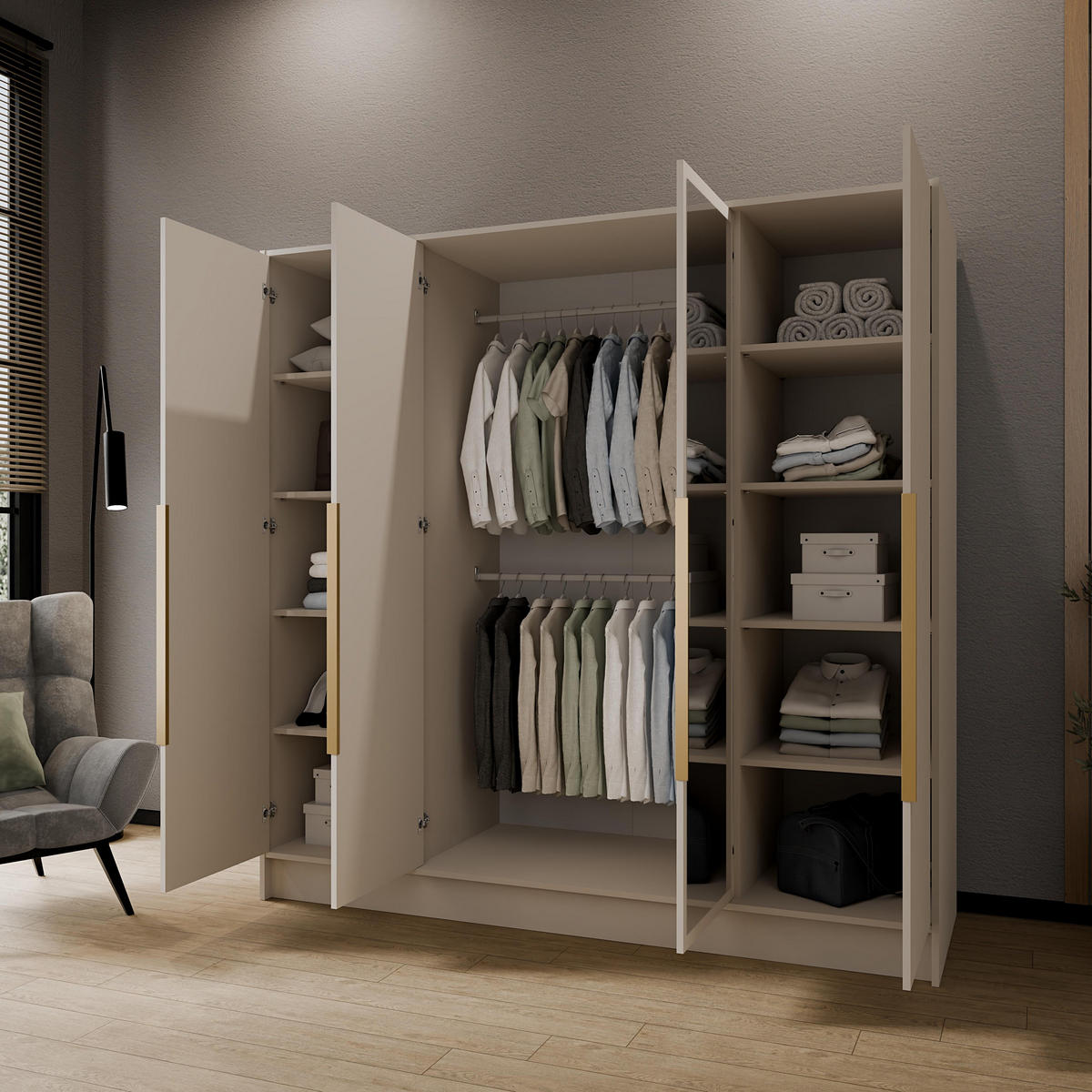 DREHTÜRENSCHRANK RENVO 200/200/51 cm Modern Kleiderschrank 4-türig mit Spiegel Kaschmir - Kaschmir, Holzwerkstoff (200/200/51cm) - MASSENO