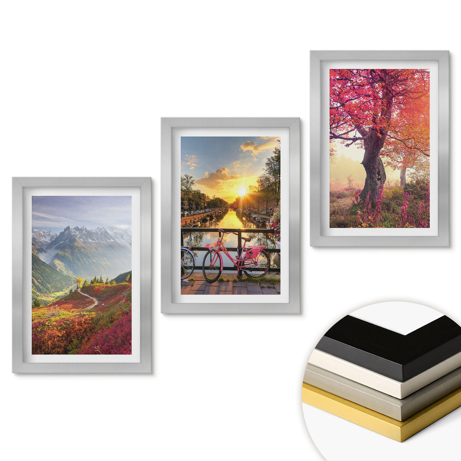 WANDBILDER 3er Set - 20x30 cm Silberner Rahmen - Berglandschaften mit dem Fahrrad - Silberfarben, Kunststoff (20/30cm) - ArtPrintCave
