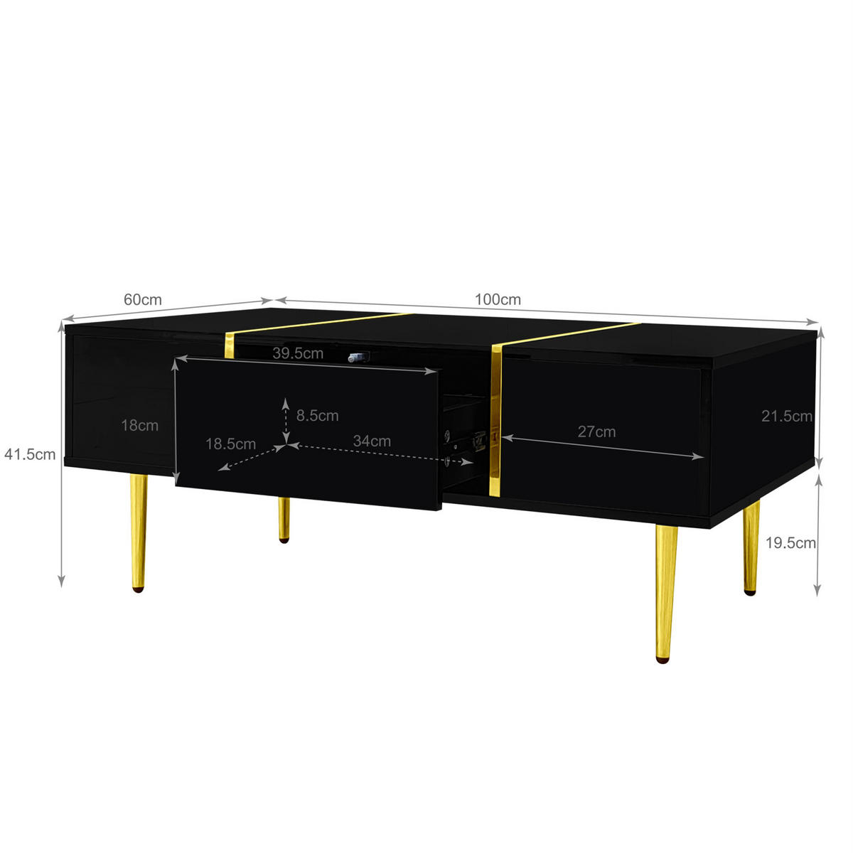 COUCHTISCH aus MDF 100x60x41,5 cm in Schwarz mit 2 Schubladen Hochglanz - Schwarz, Holzwerkstoff (100/60/41.5cm) - Modfu