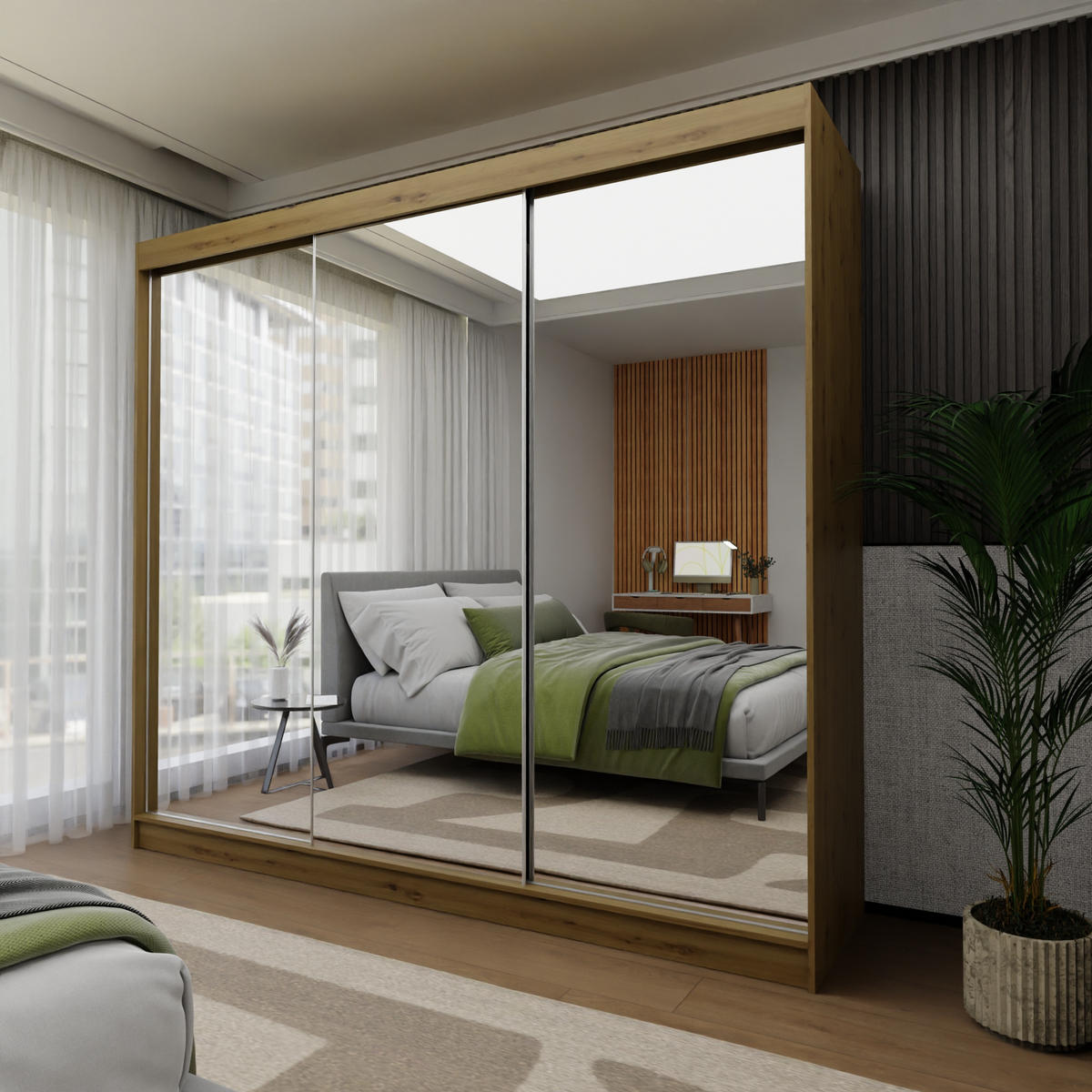 SCHWEBETÜRENSCHRANK BELLINA 240/216/61cm 3-türig mit Spiegel Eiche Artisan - Eiche Artisan, Holzwerkstoff (240/216/61cm) - MASSENO