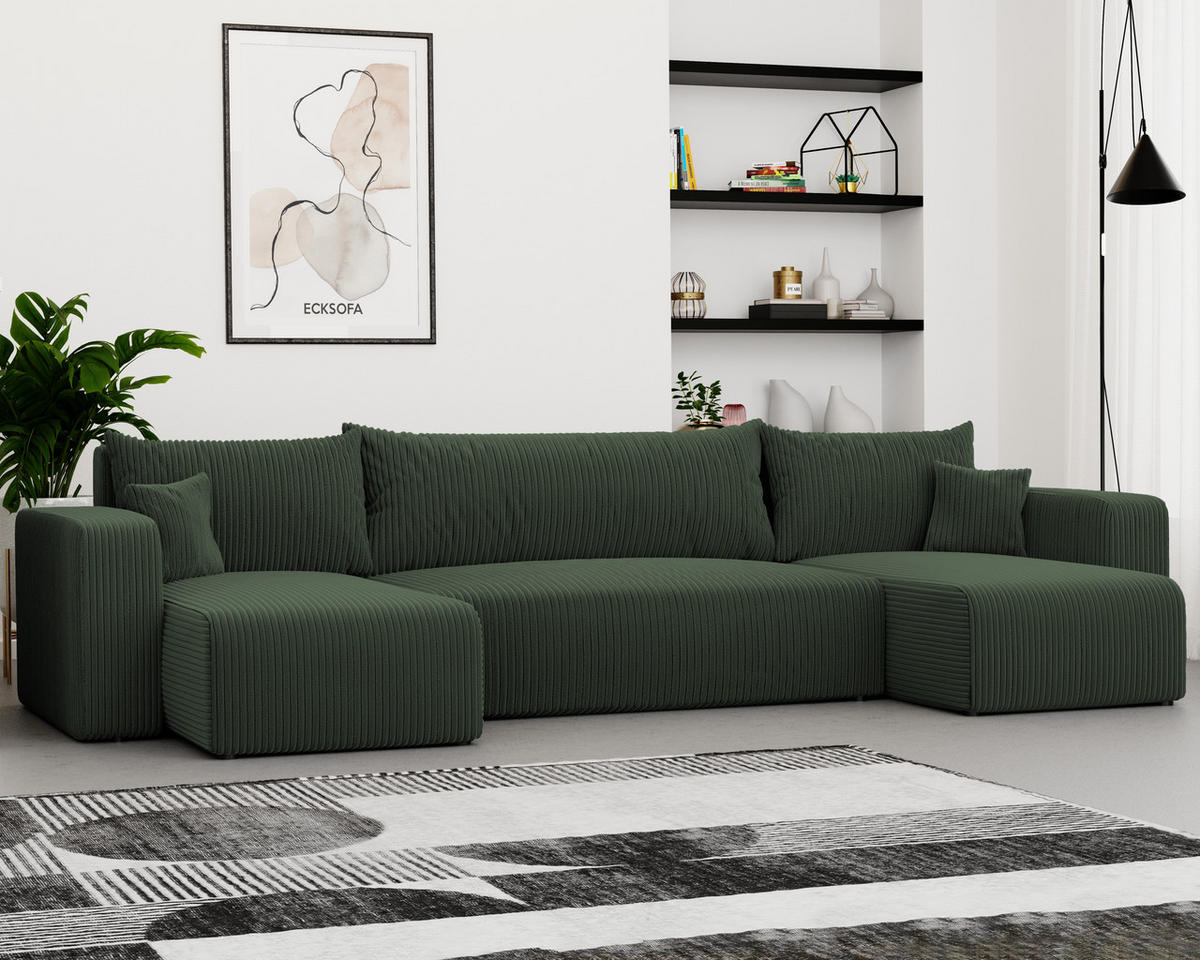 WOHNLANDSCHAFT mit Schlaffunktion und Bettkasten, Grün - Schwarz/Grün, Kunststoff/Textil (318/79/145cm) - Idohome