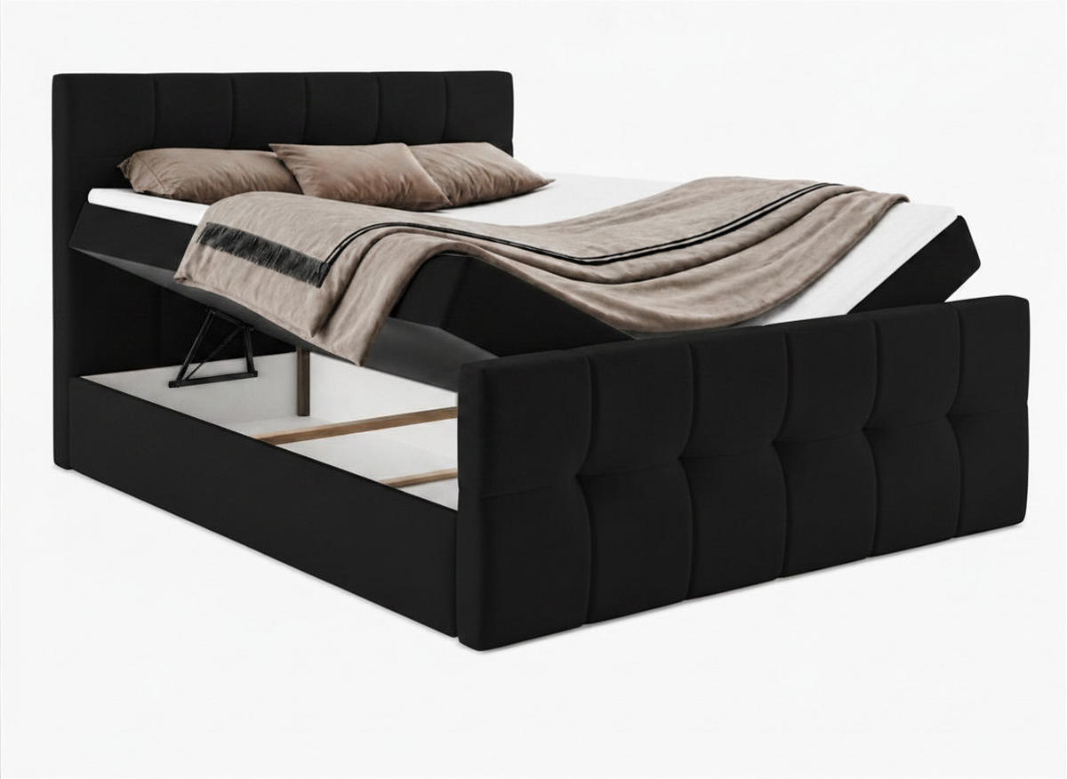 BOXBETT AUREN FRONT 160x200 cm Komplett-Set mit Bonell-Matratze, Topper und Bettkasten, Samt Schwarz - Schwarz, Textil (160/200cm) - Luxkor24