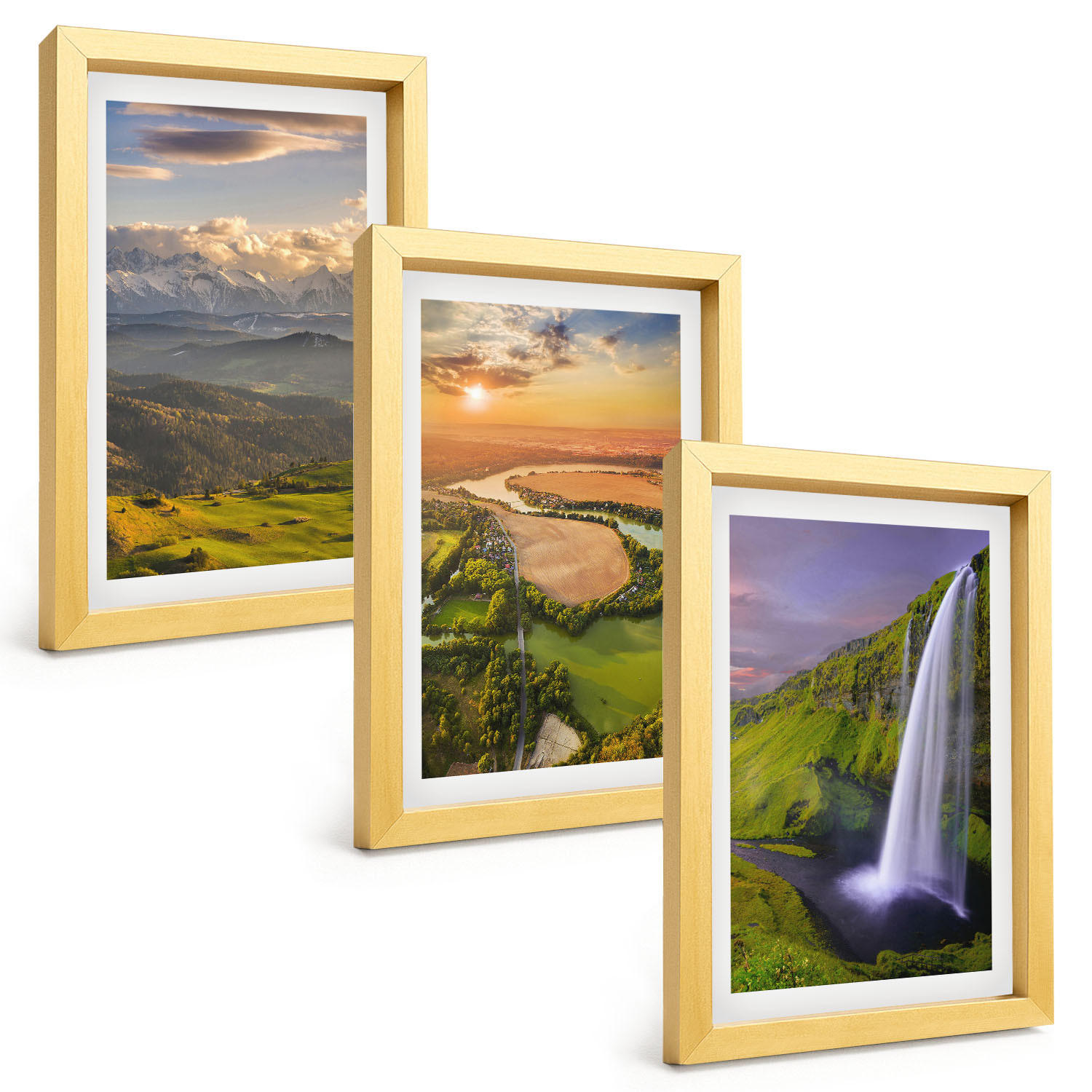 BILDER SET 3er Set - 20x30 cm Goldrahmen - Gebirgsflüsse, Wasserfälle, Natur - Goldfarben, Kunststoff (20/30cm) - TULUP