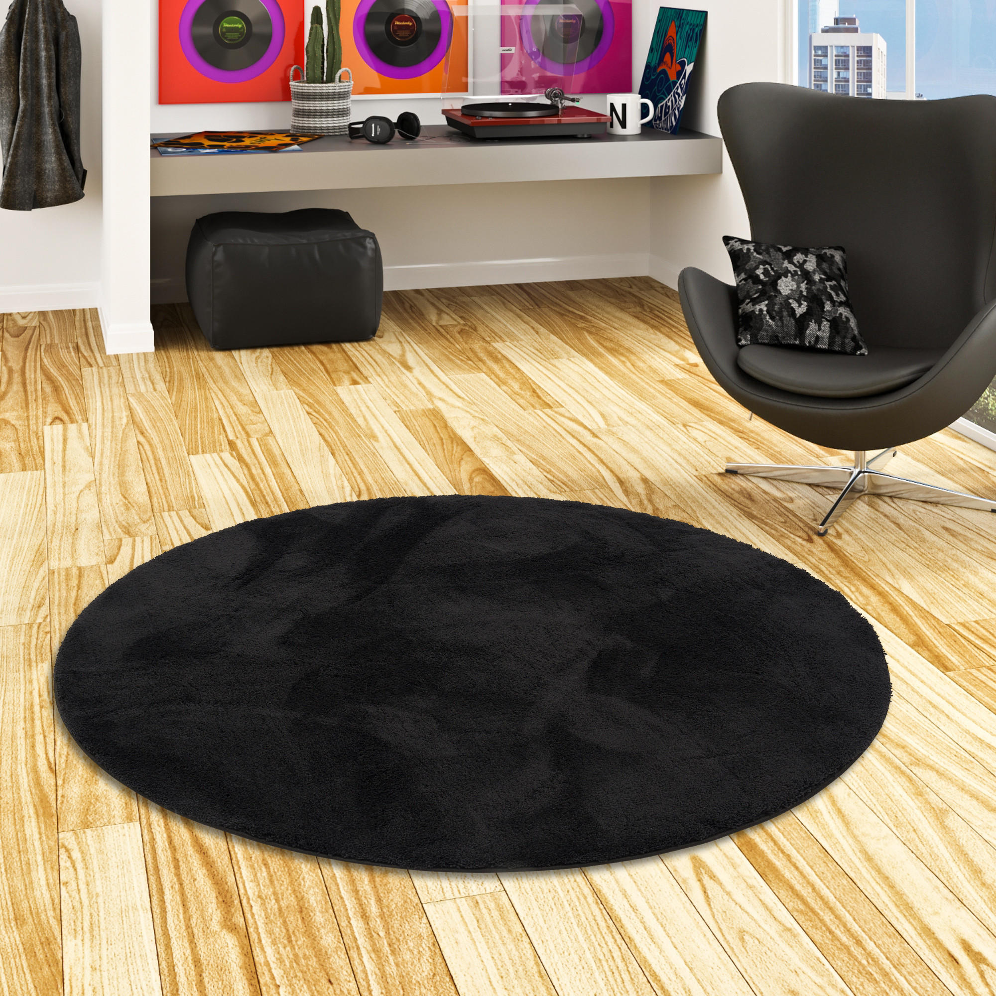 SUPER SOFT KINDER HOCHFLOR TEPPICH SILKY KIDS RUND - Schwarz, Textil (160/160cm) - Pergamon