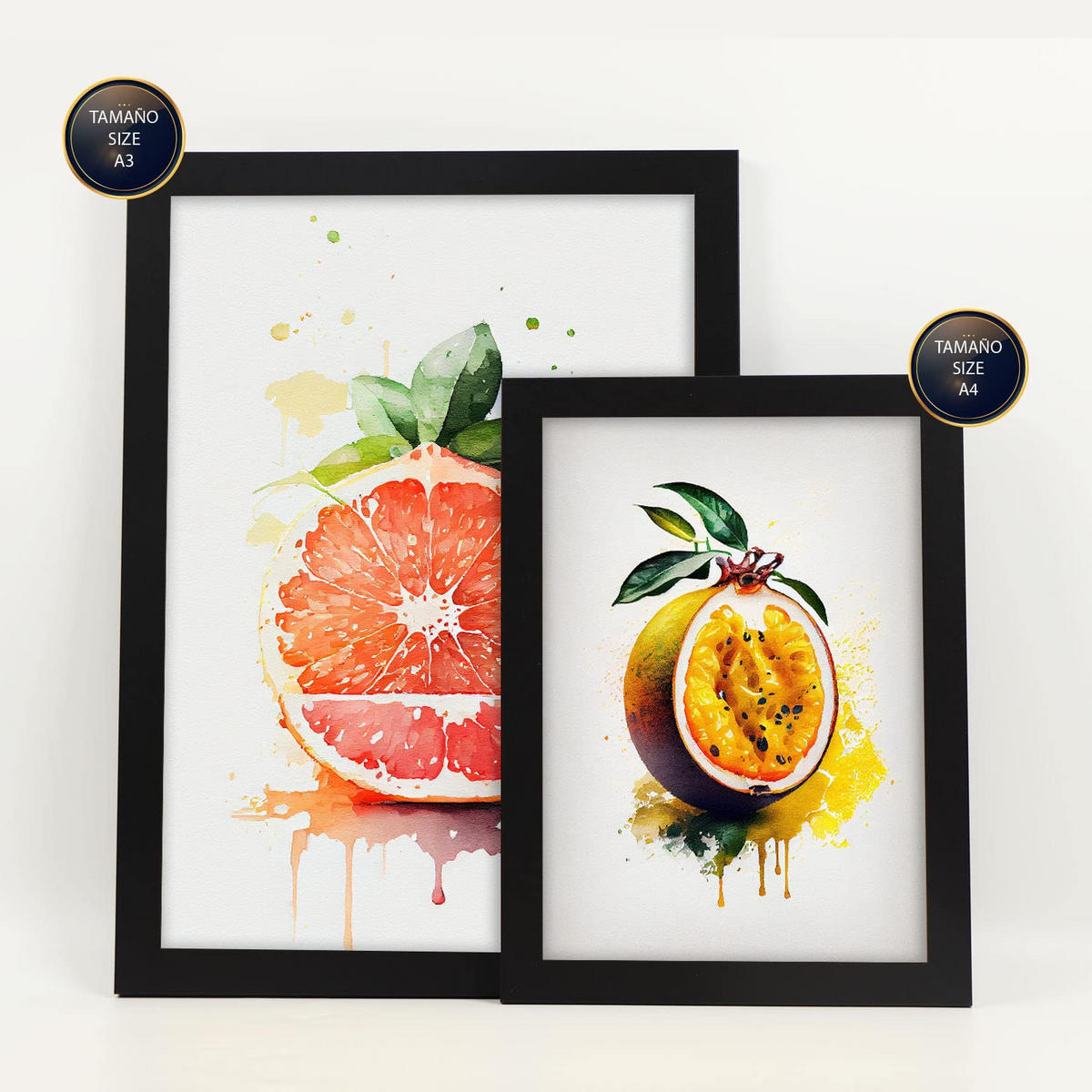 POSTER Set Mit 6 Saftige Früchte Plakate Von Obst Gemüse & Gesunden Lebensmitteln Im Aquarell Kunst Auf Reinweißen A3 & A4 Schwarzer Rahmen - Schwarz, Papier (29/3cm) - Nacnic