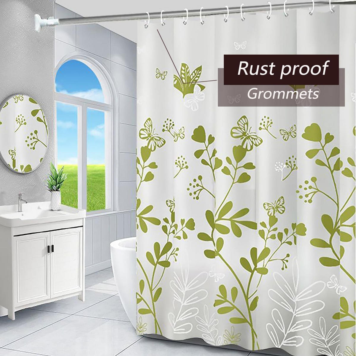 DUSCHVORHANG Grün floral Muster mit Ösen Weiß schimmelresistent waschbar - Grün, Kunststoff (180/200cm) - MCBOSON