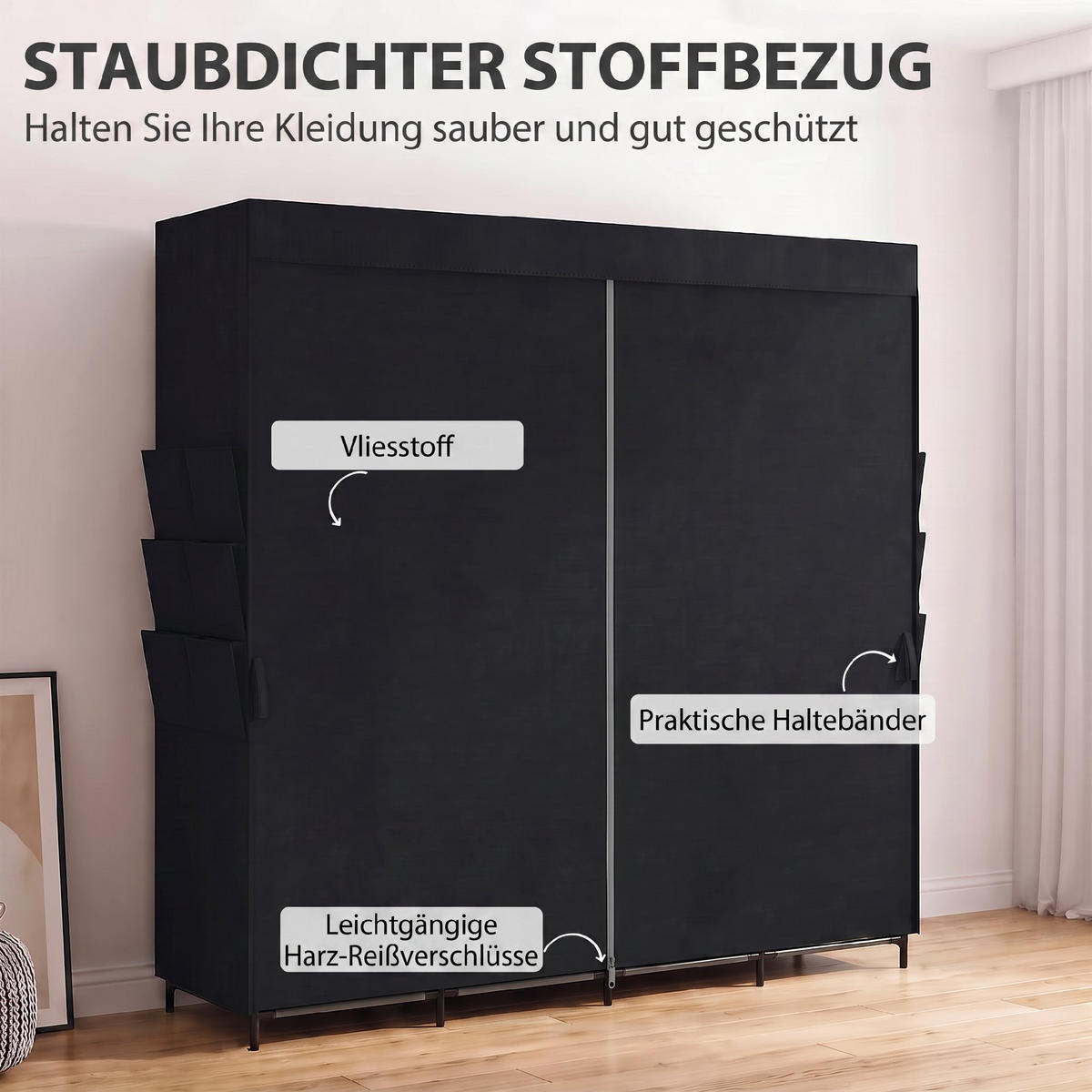 STOFF-KLEIDERSCHRANK Vliesstoff Stahl Schwarz - Schwarz, Textil (45/167/170cm) - HOMCOM