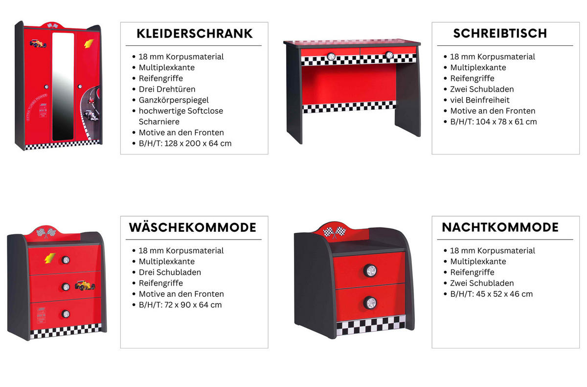 KINDERZIMMER Rio Komplett Set mit Autobett 5-tlg. Rot - Rot/Schwarz, Holzwerkstoff/Kunststoff (128/200/64cm) - Aileenstore
