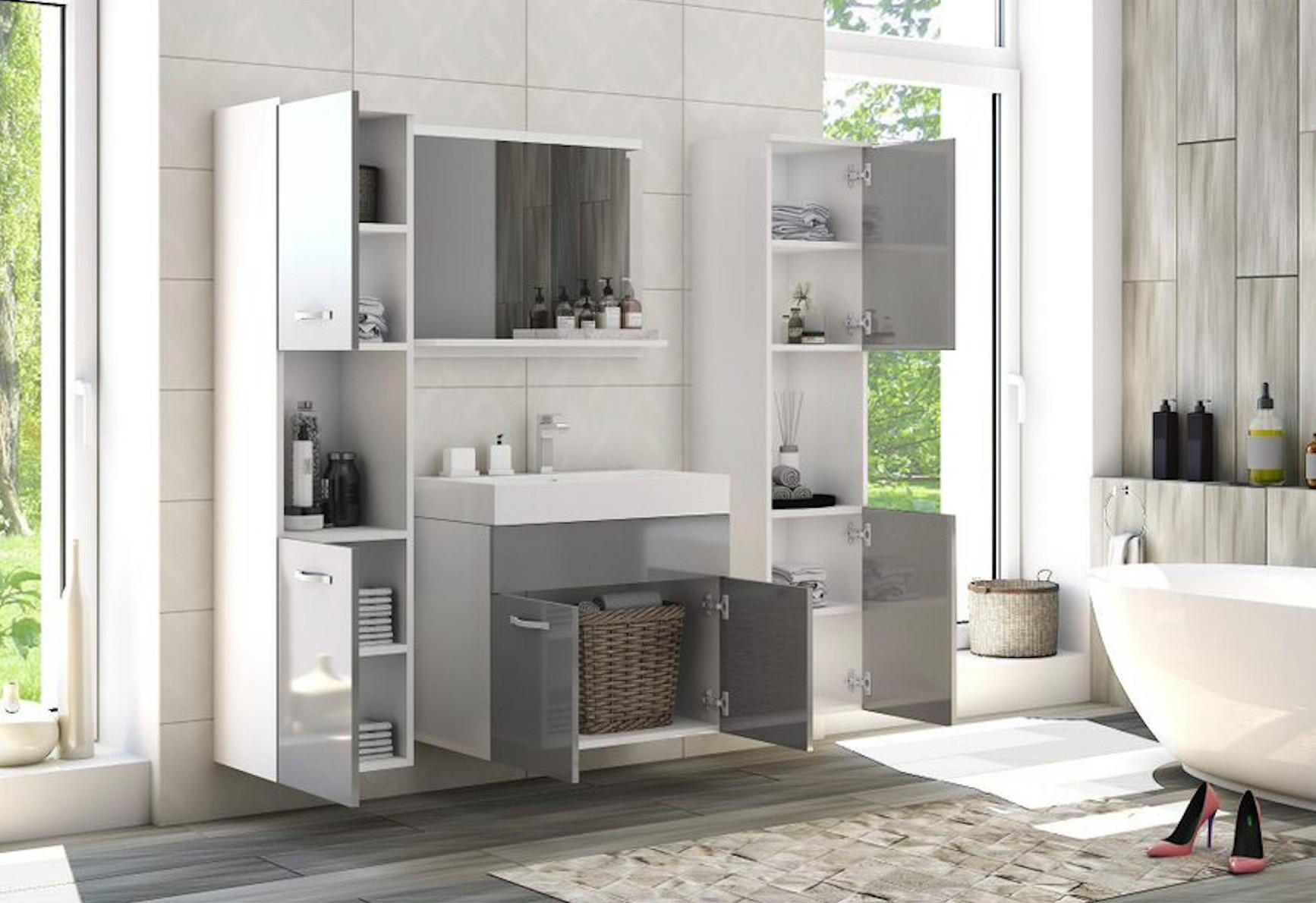 Thumbnail - Feldmann-Wohnen Badmöbel-Set, Grau, Weiß, Holz, 12 Fächer, Rechteckig, 121x132x35 cm, Badezimmer, Badmöbelsets & Badmöbe...