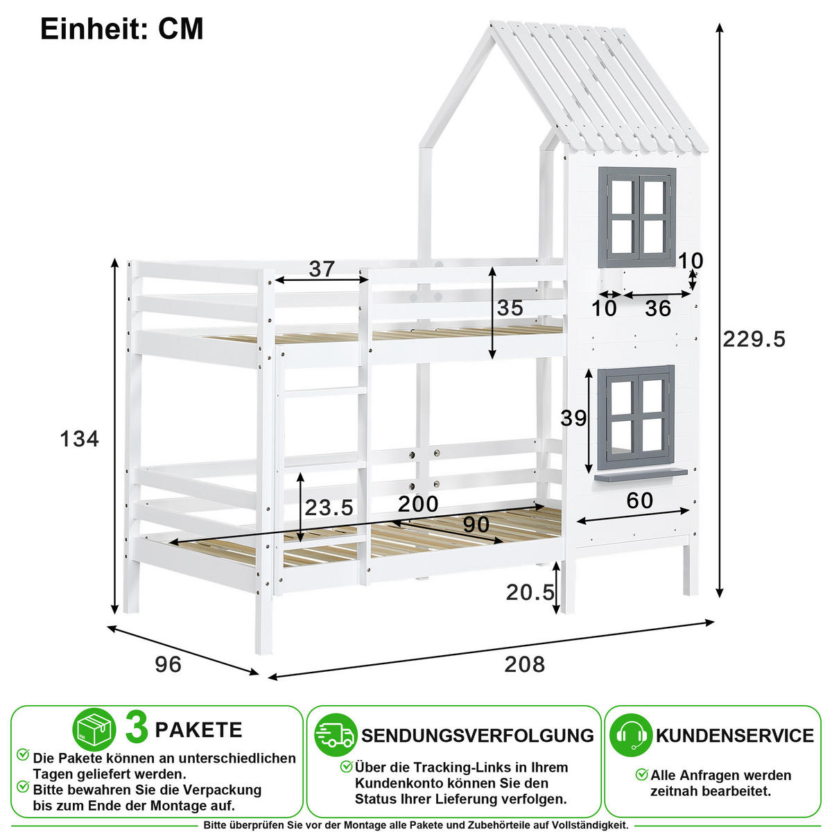 ETAGENBETT 90/200 cm & 90/200 cm in Weiß & Grau mit Fenster, Handlauf und Fallschutz - Weiß, Holz/Holzwerkstoff (90/200cm) - CHICFURN