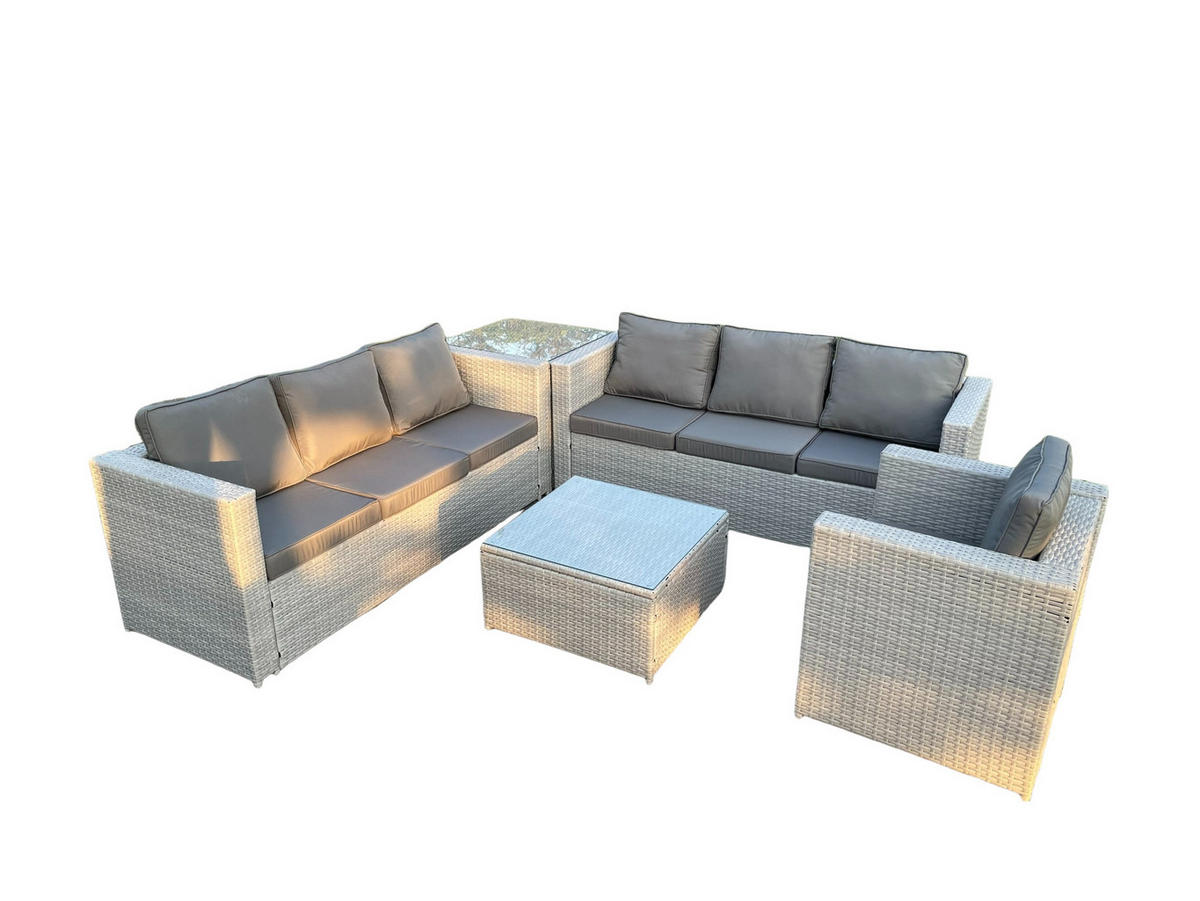 GARTENMÖBEL SET mit Couchtisch Polyrattan Helles Grau 7-Sitzer - Hellgrau, Metall - Fimous